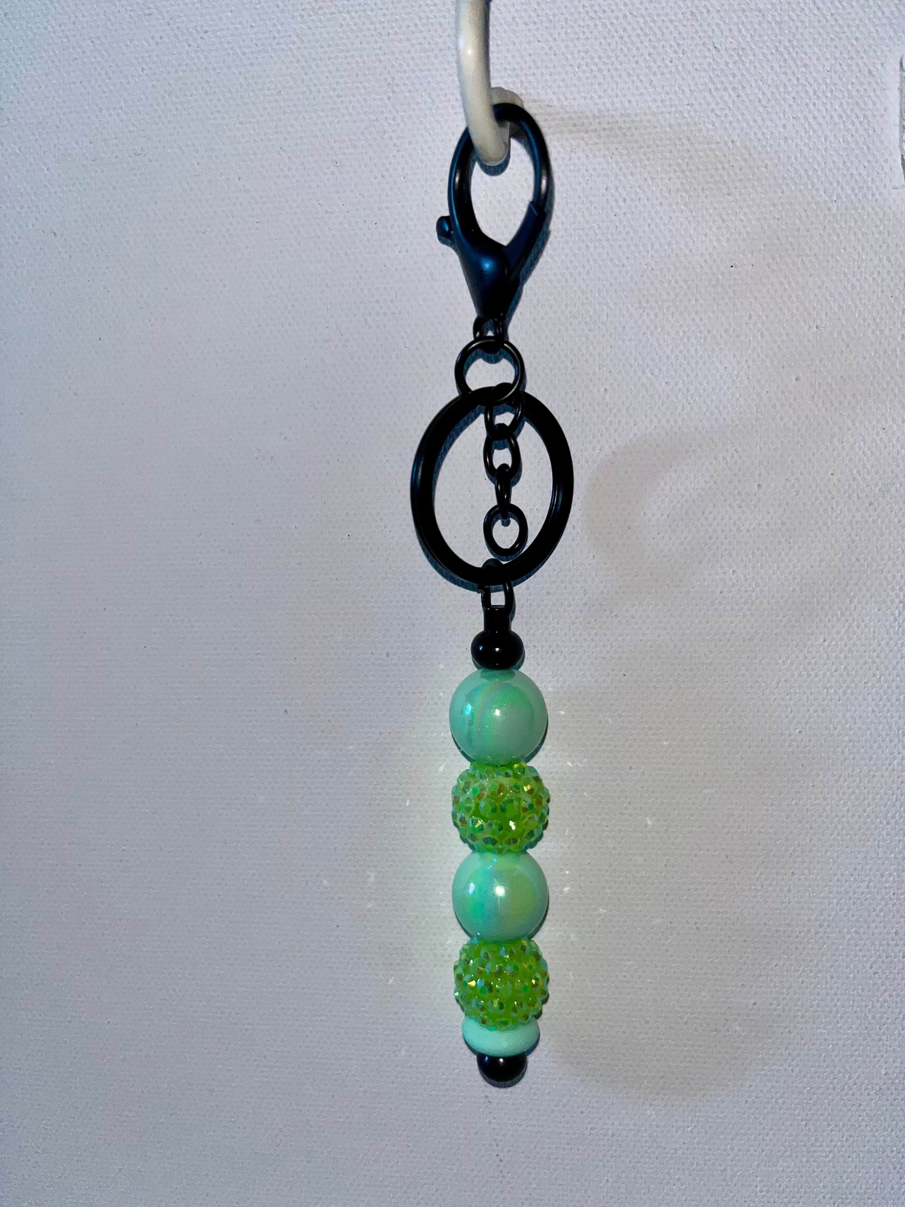 Black Keychain Feat. Iridescent Mint Green Beads & Yellow-Green Pavé Beads