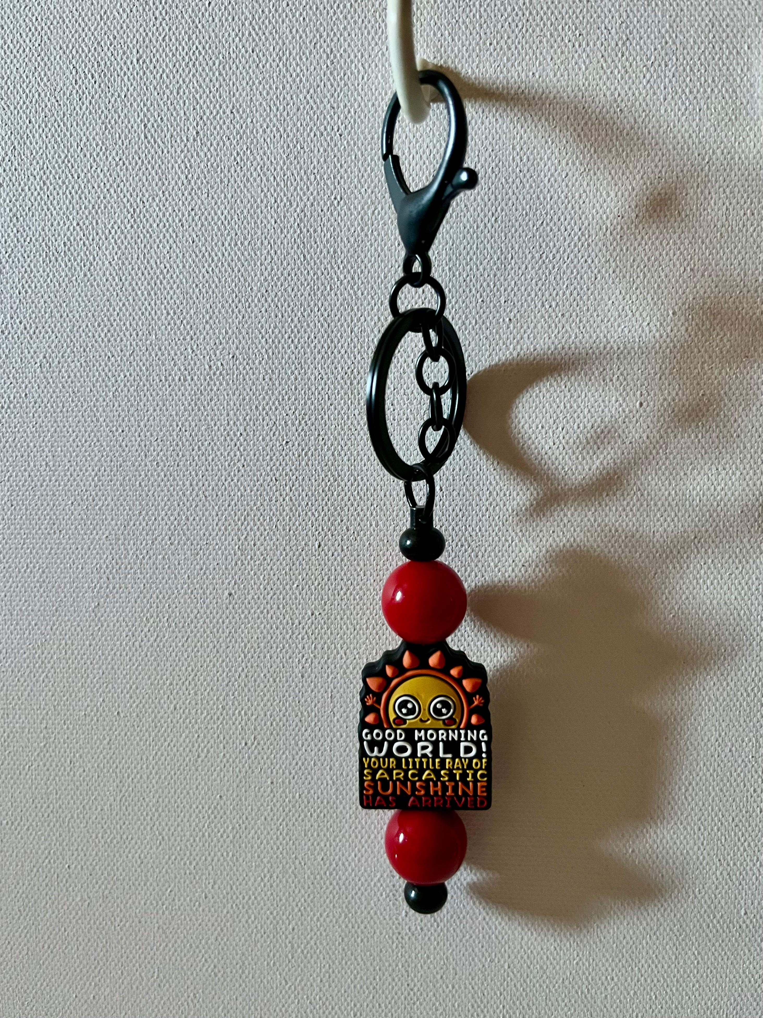 Vibrant 'Good Morning World' Sarcastic Sunshine Charm Keychain w/Glossy Red Beads