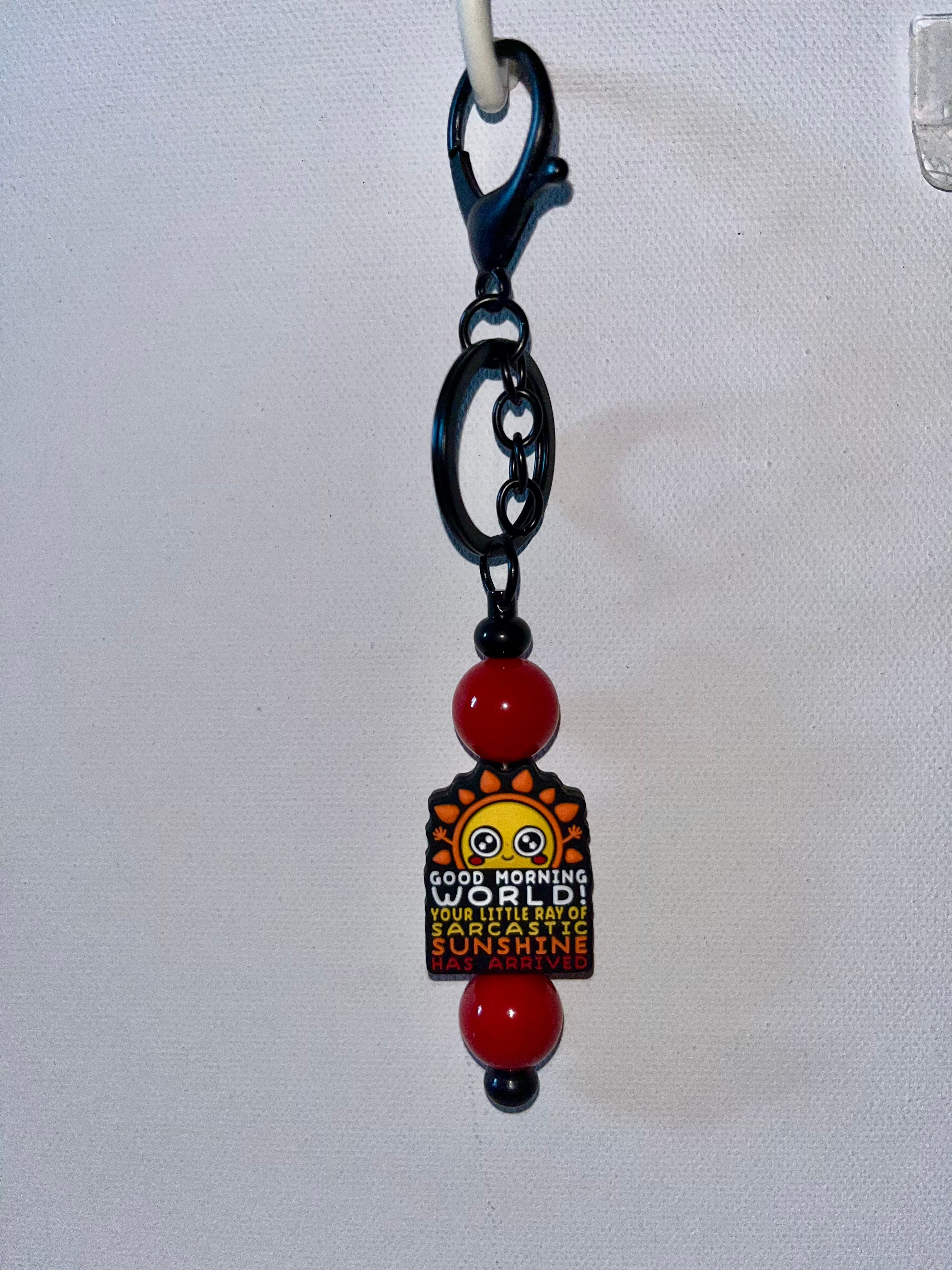 Vibrant 'Good Morning World' Sarcastic Sunshine Charm Keychain w/Glossy Red Beads