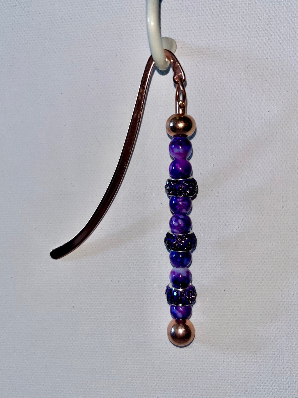 Rose Gold Bookmark Featuring Marbled Purple Beads & Rhinestone-Accented Beads