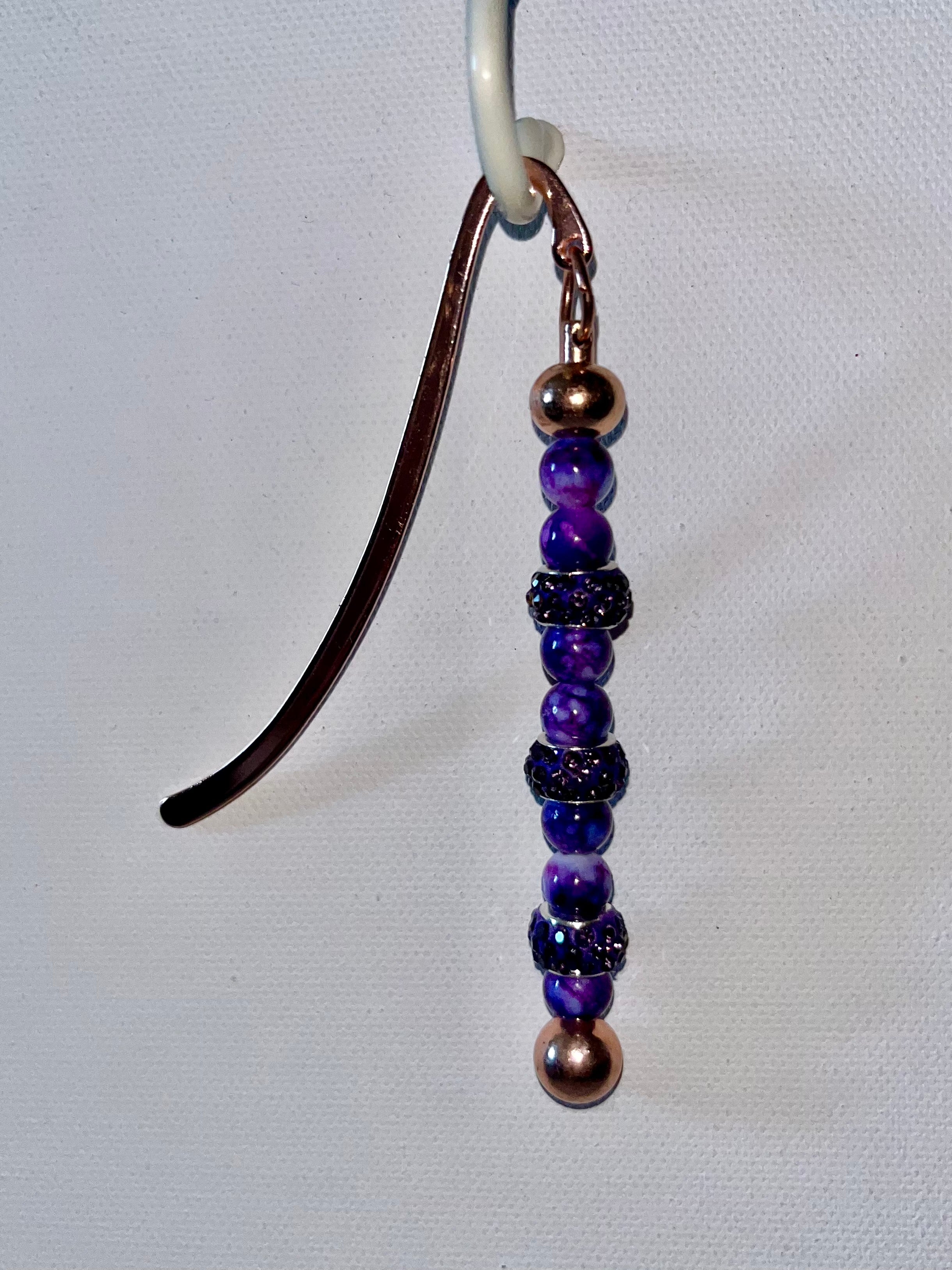 Rose Gold Bookmark Featuring Marbled Purple Beads & Rhinestone-Accented Beads