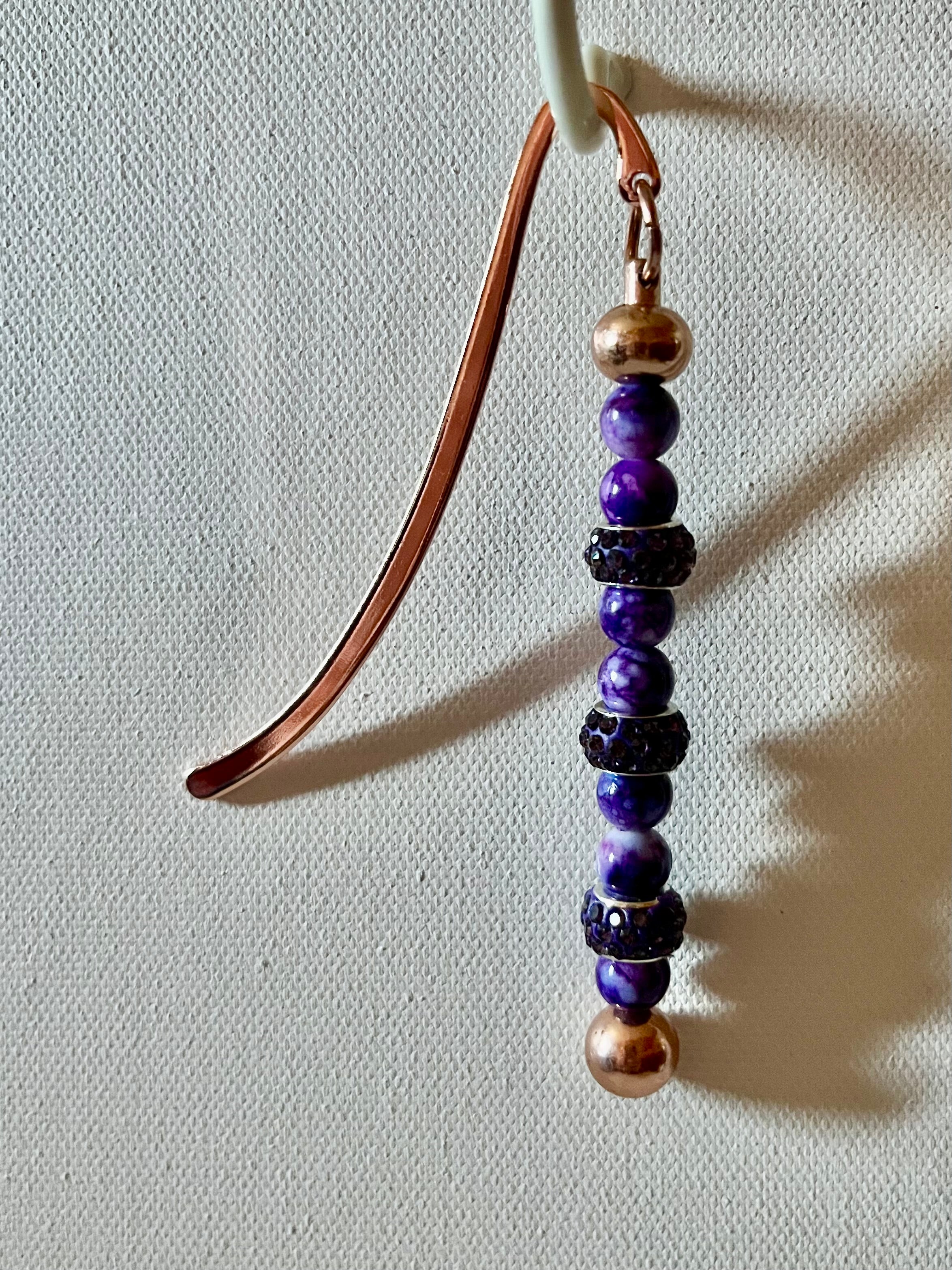 Rose Gold Bookmark Featuring Marbled Purple Beads & Rhinestone-Accented Beads