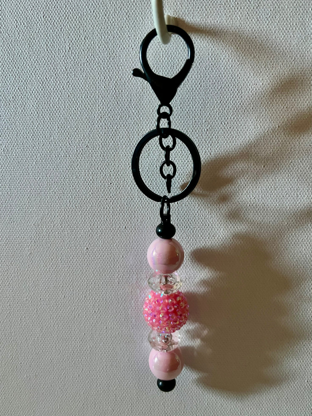 Pink Beaded Keychain w/Sparkly Iridescent Pavé & Pearly Beads & Faceted Shiny Clear Beads
