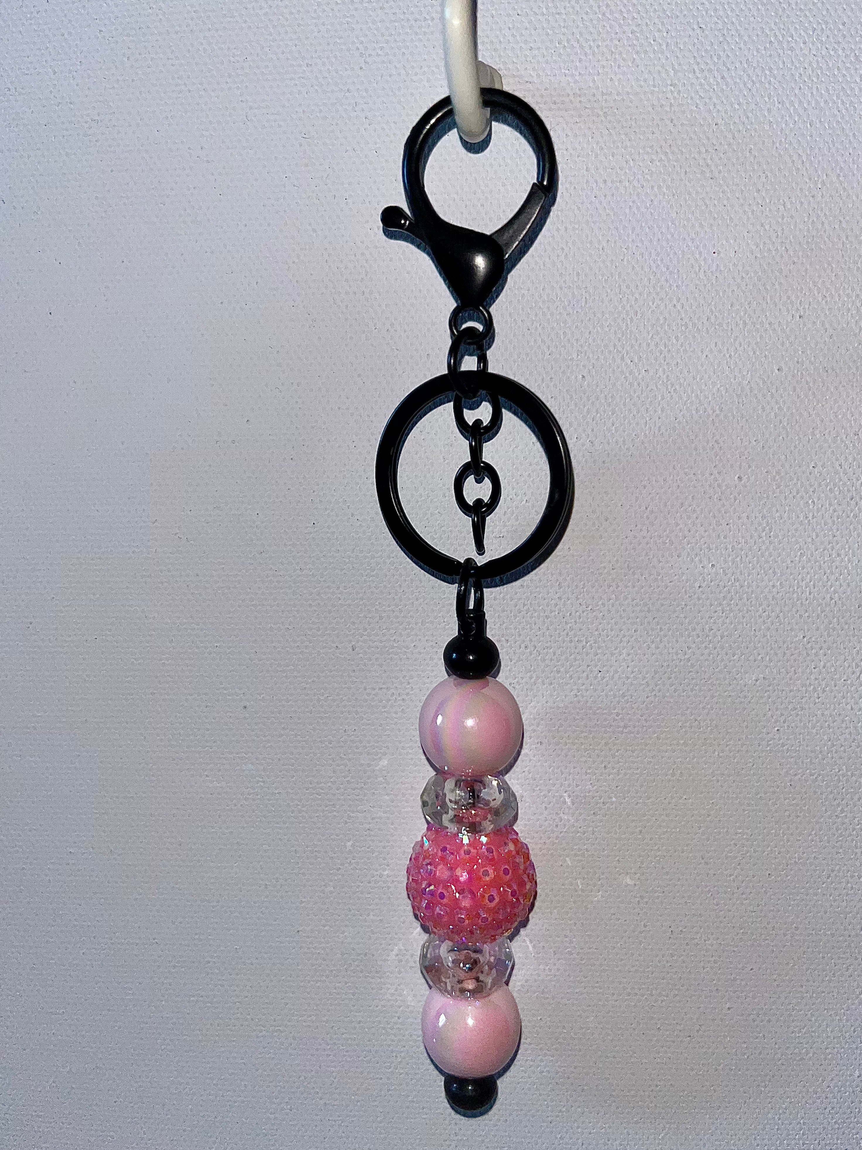 Pink Beaded Keychain w/Sparkly Iridescent Pavé & Pearly Beads & Faceted Shiny Clear Beads