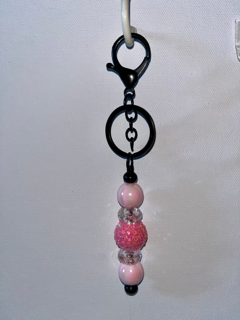 Pink Beaded Keychain w/Sparkly Iridescent Pavé & Pearly Beads & Faceted Shiny Clear Beads