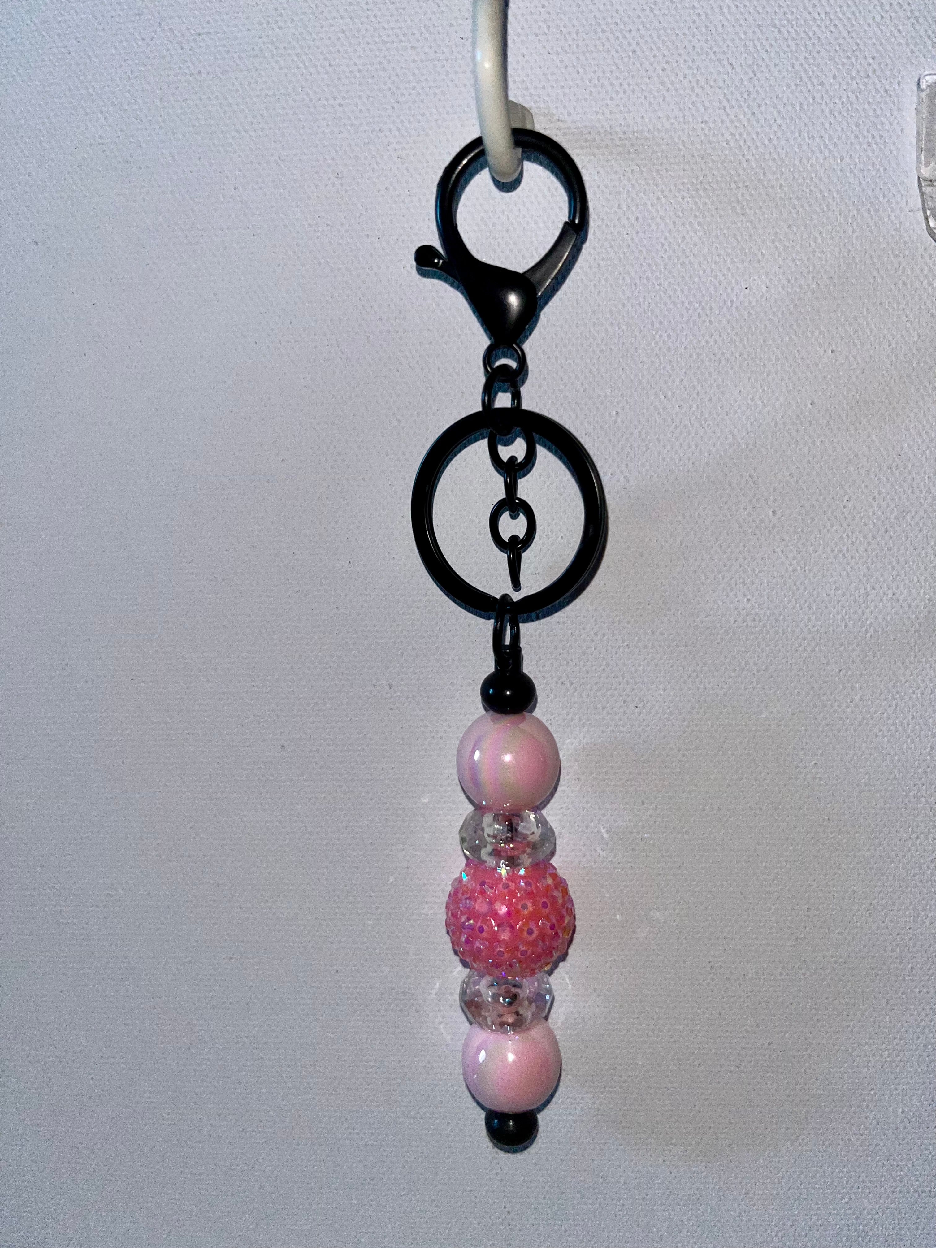 Pink Beaded Keychain w/Sparkly Iridescent Pavé & Pearly Beads & Faceted Shiny Clear Beads
