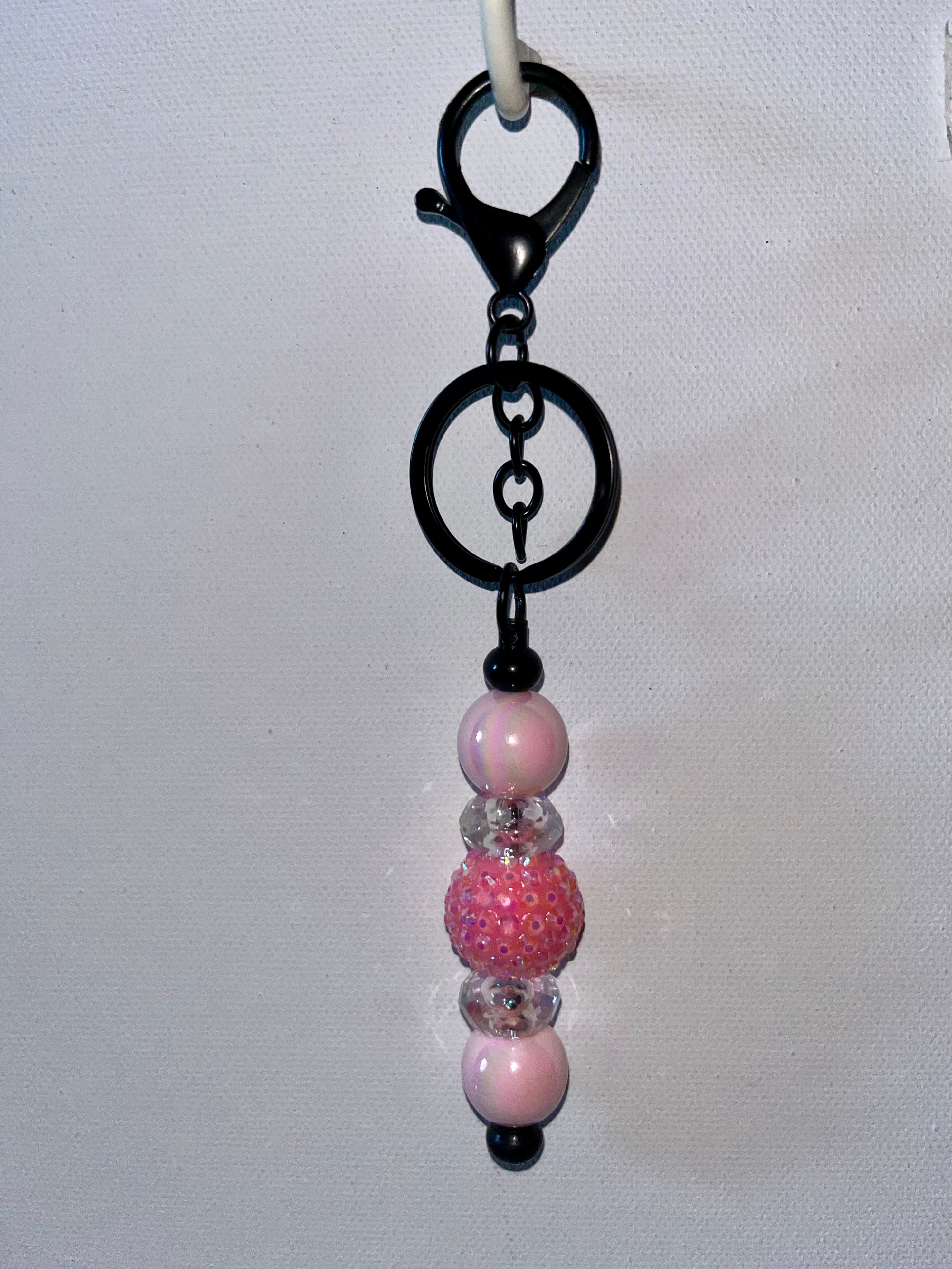 Pink Beaded Keychain w/Sparkly Iridescent Pavé & Pearly Beads & Faceted Shiny Clear Beads