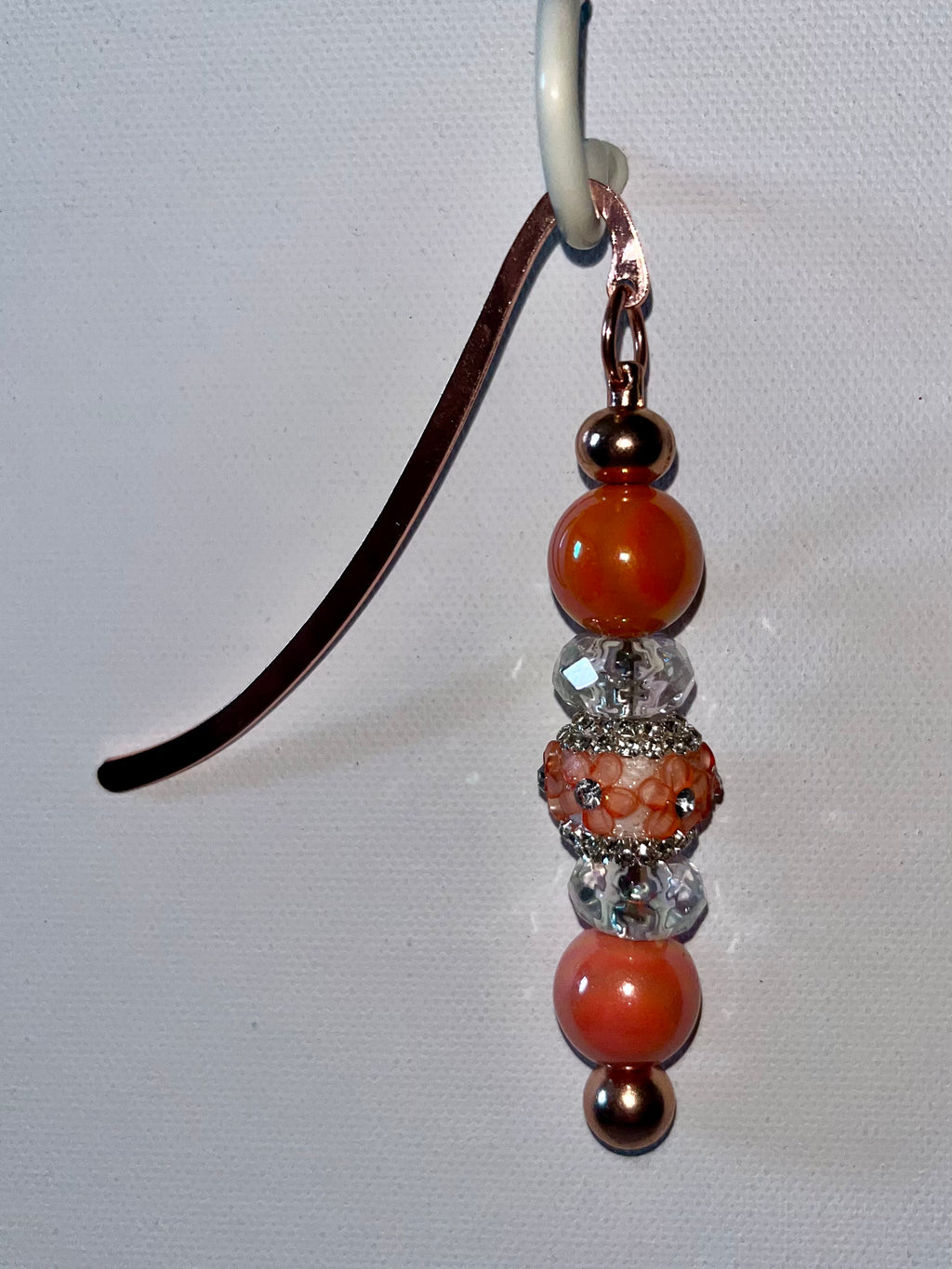 Rose Gold Bookmark Featuring Iridescent Orange, Clear Faceted Beads & Peach Flower Embellished Bead w/Rhinestone Accents