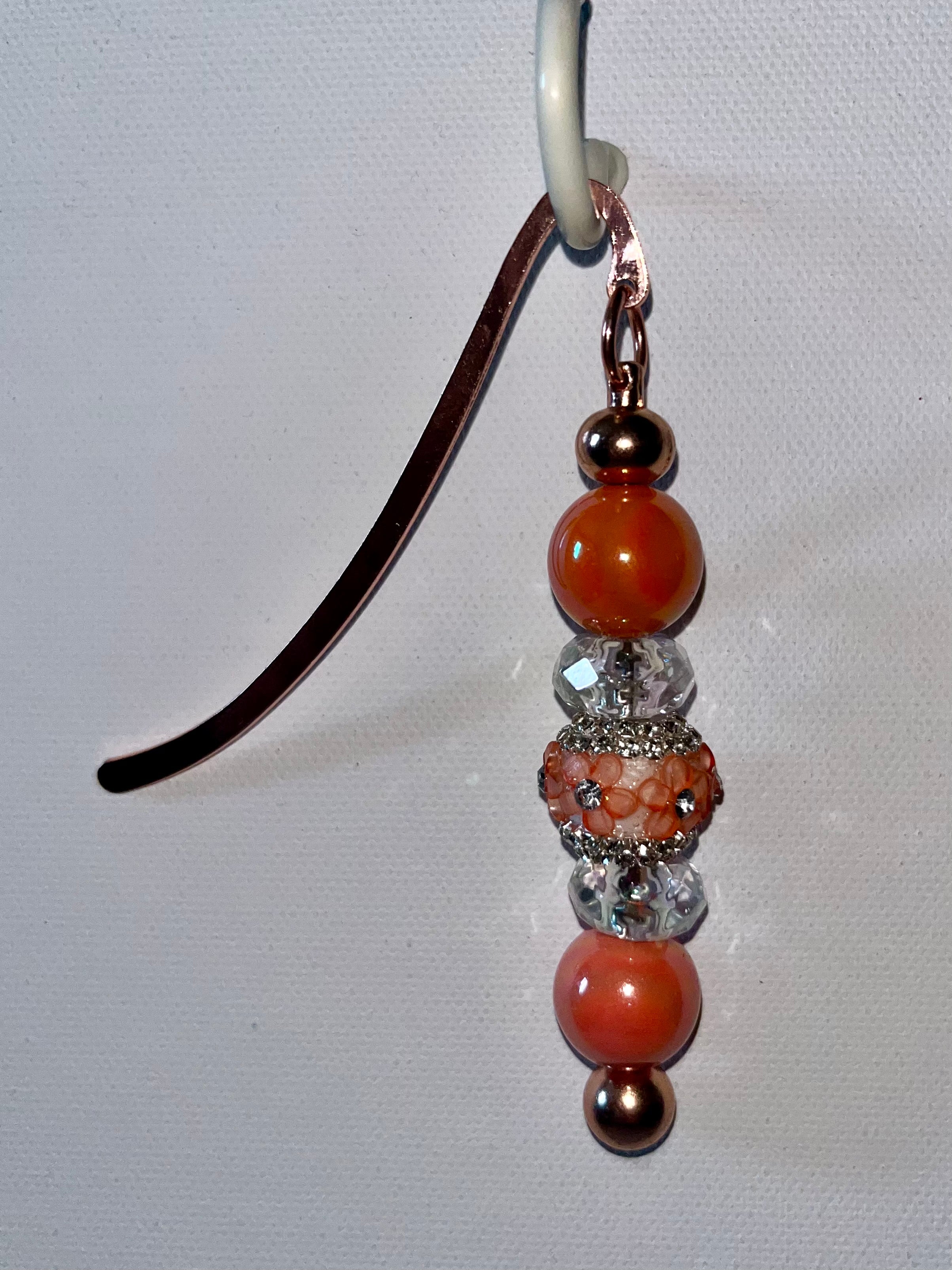 Rose Gold Bookmark Featuring Iridescent Orange, Clear Faceted Beads & Peach Flower Embellished Bead w/Rhinestone Accents