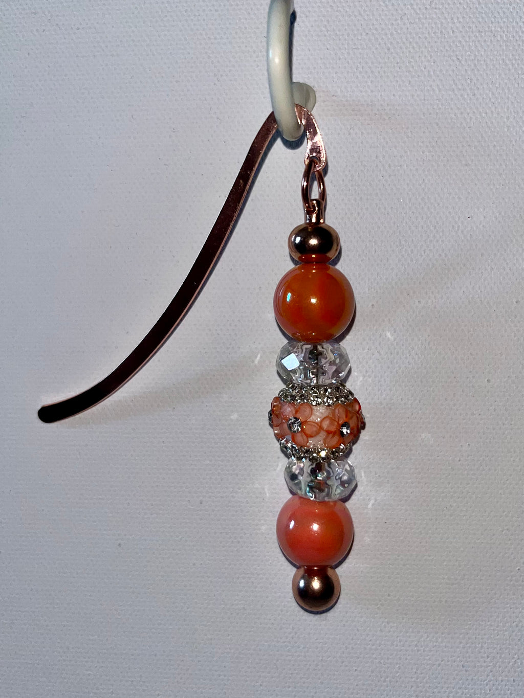 Rose Gold Bookmark Featuring Iridescent Orange, Clear Faceted Beads & Peach Flower Embellished Bead w/Rhinestone Accents