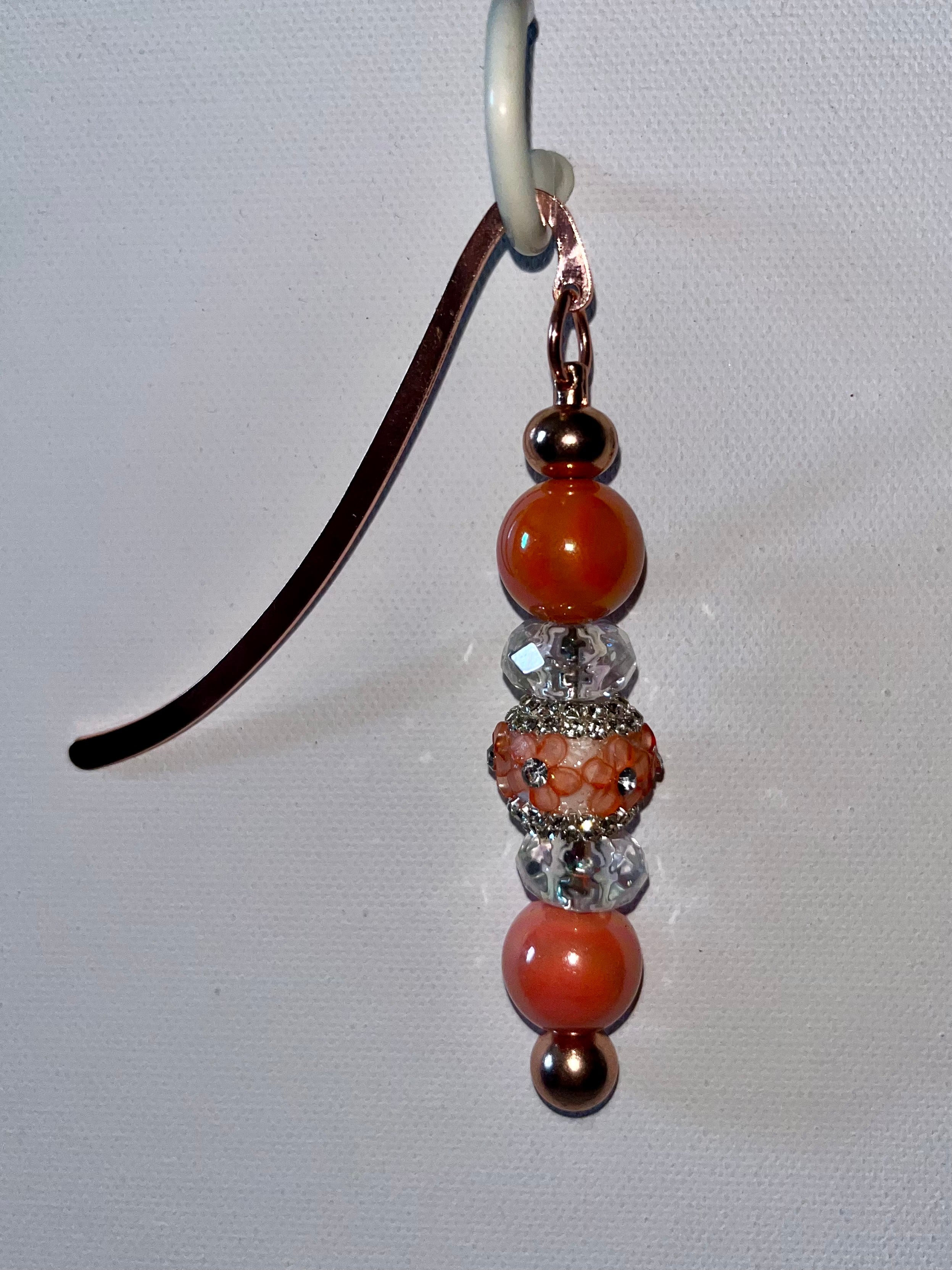 Rose Gold Bookmark Featuring Iridescent Orange, Clear Faceted Beads & Peach Flower Embellished Bead w/Rhinestone Accents