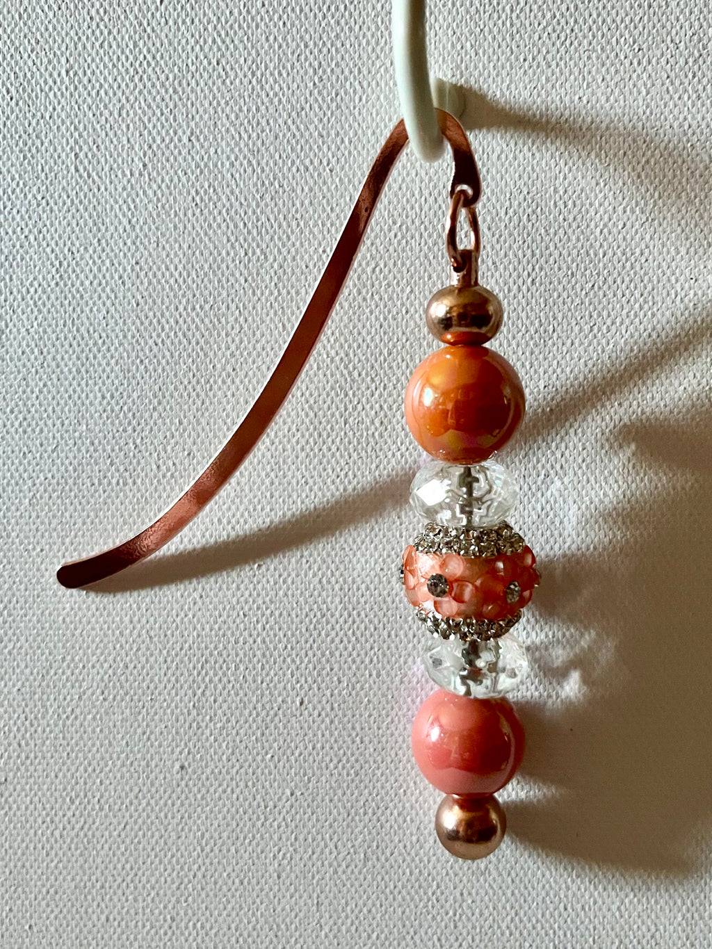 Rose Gold Bookmark Featuring Iridescent Orange, Clear Faceted Beads & Peach Flower Embellished Bead w/Rhinestone Accents