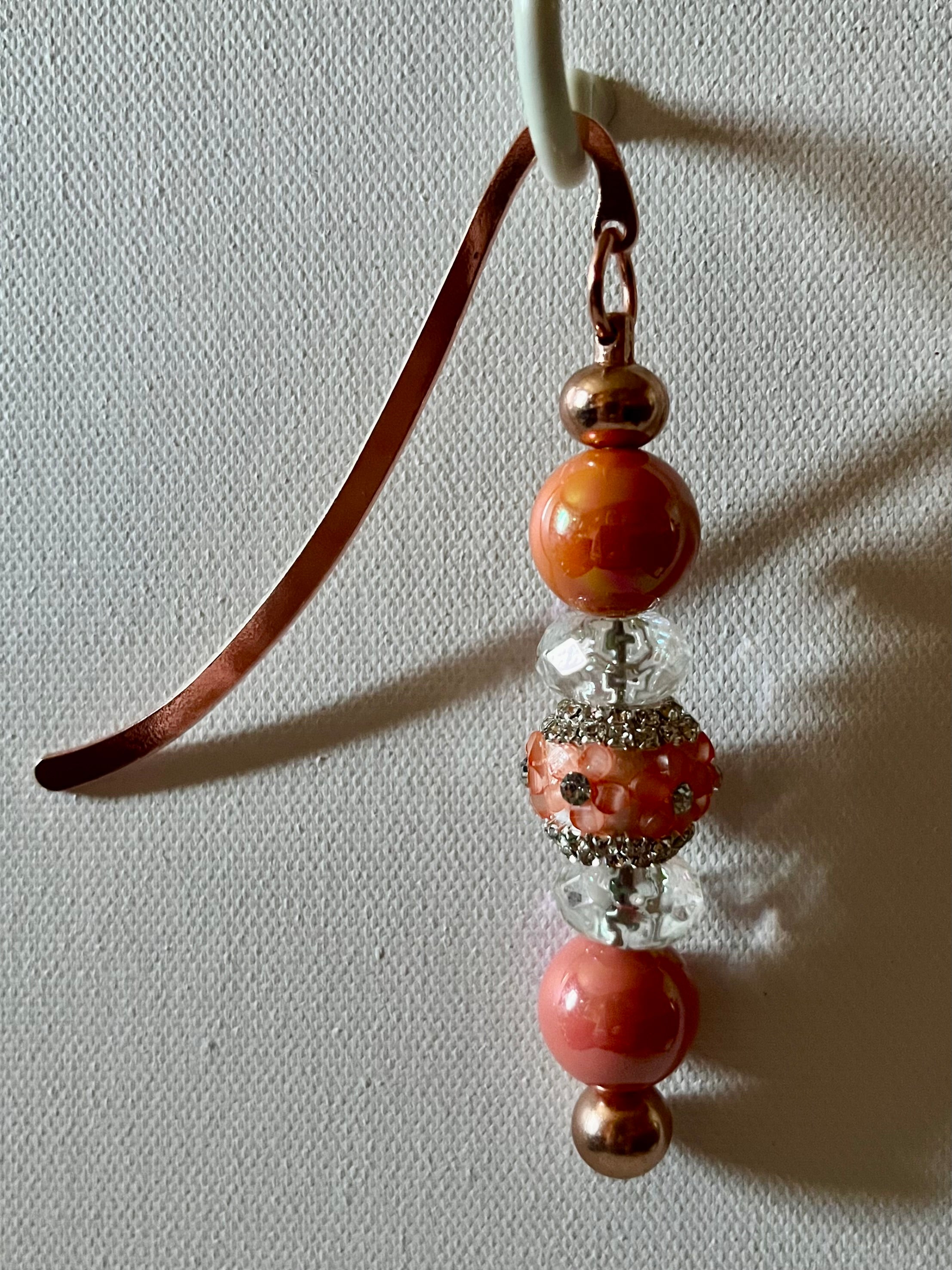 Rose Gold Bookmark Featuring Iridescent Orange, Clear Faceted Beads & Peach Flower Embellished Bead w/Rhinestone Accents