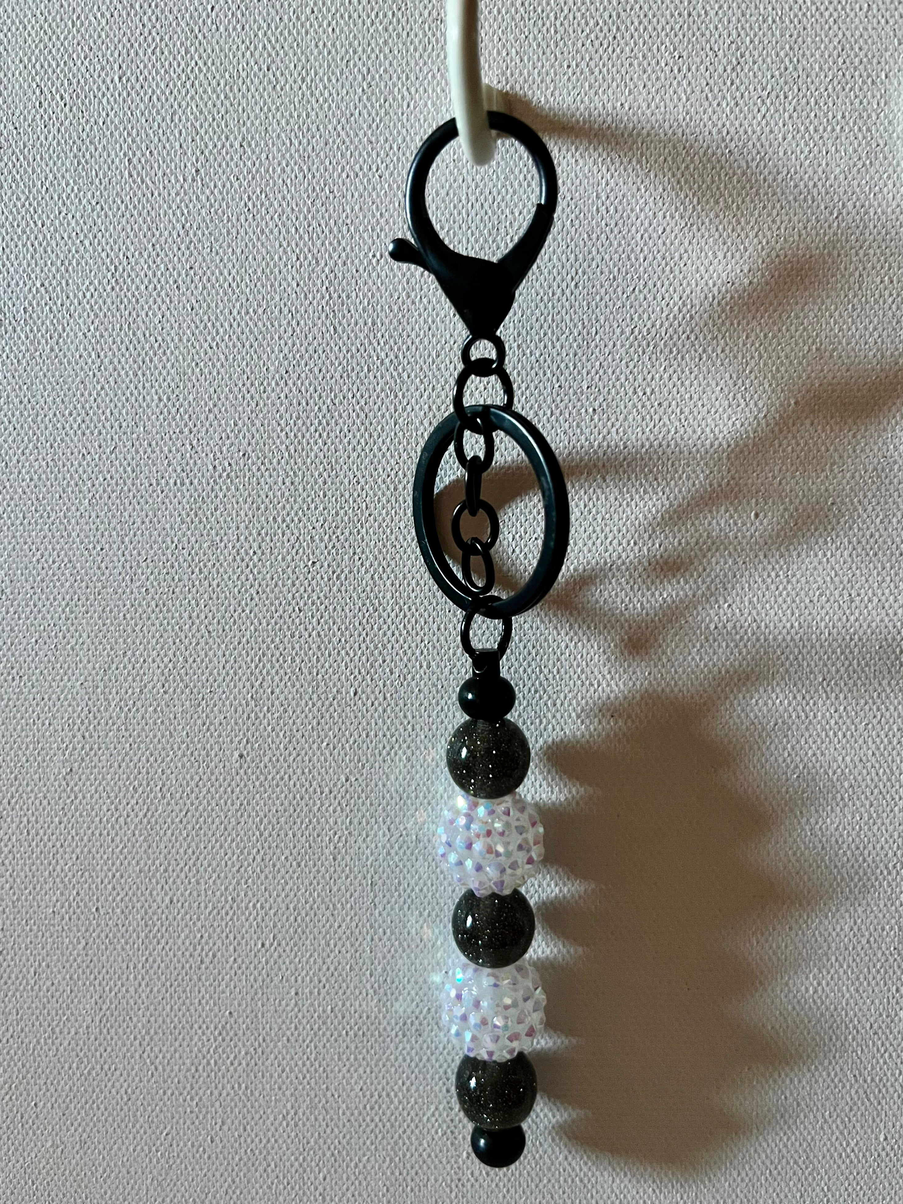 Black Beaded Keychain w/Iridescent White Pavé & Glittery Black Galaxy Accent Beads