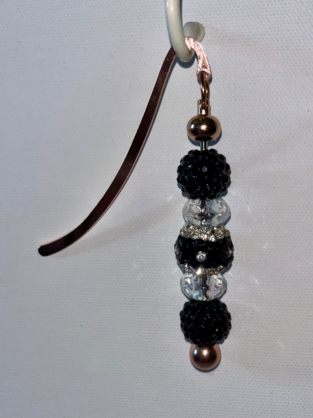 Rose Gold Bookmark w/Sparkly Black Pave beads; Black, Clear & Rhinestone Accents