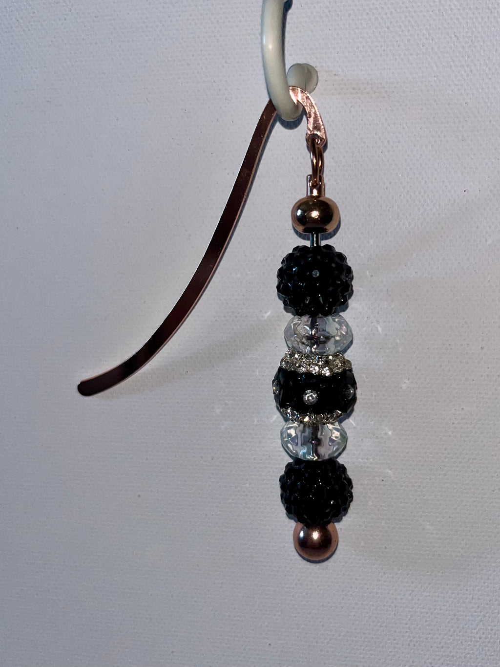 Rose Gold Bookmark w/Sparkly Black Pave beads; Black, Clear & Rhinestone Accents