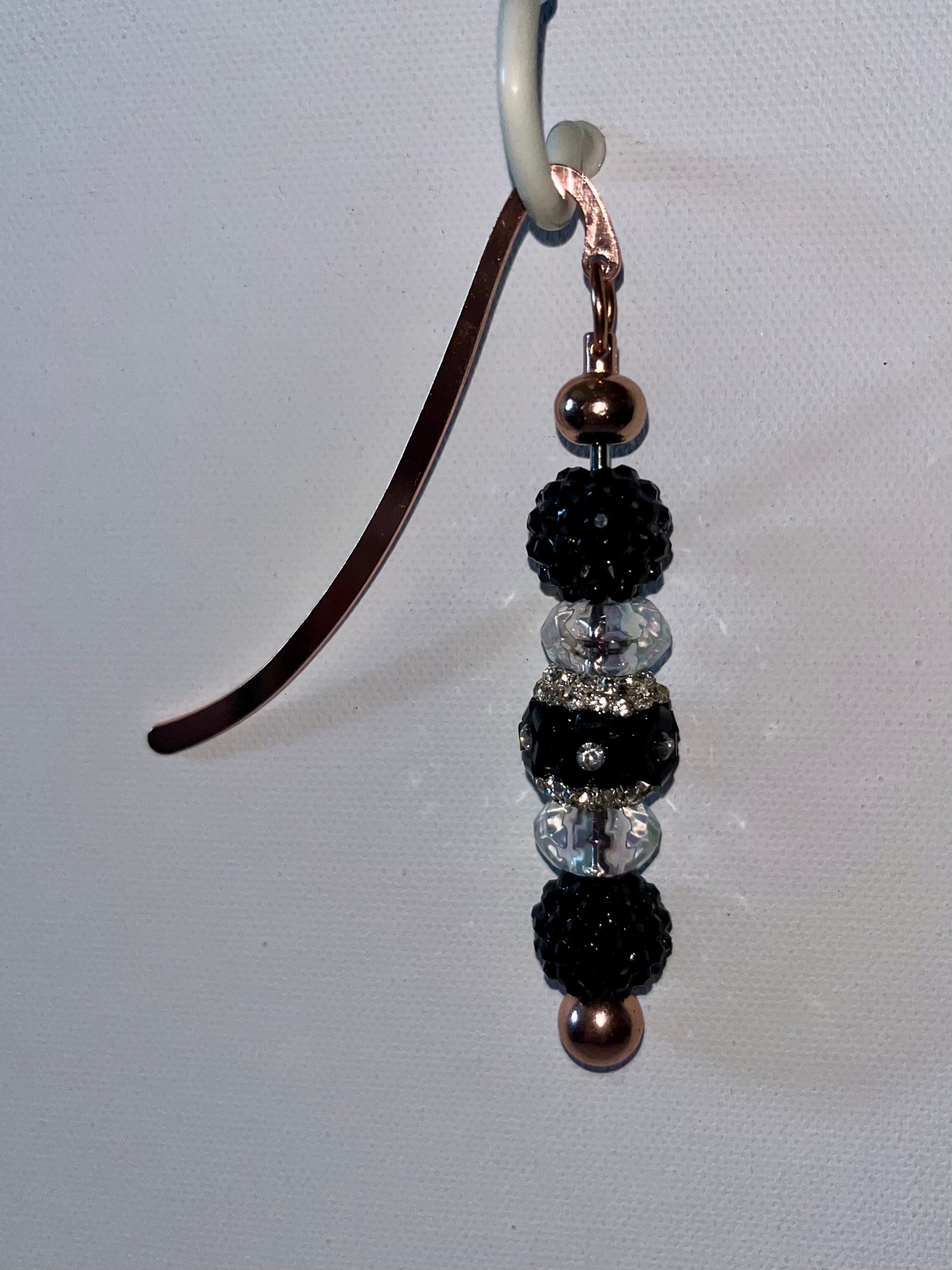 Rose Gold Bookmark w/Sparkly Black Pave beads; Black, Clear & Rhinestone Accents