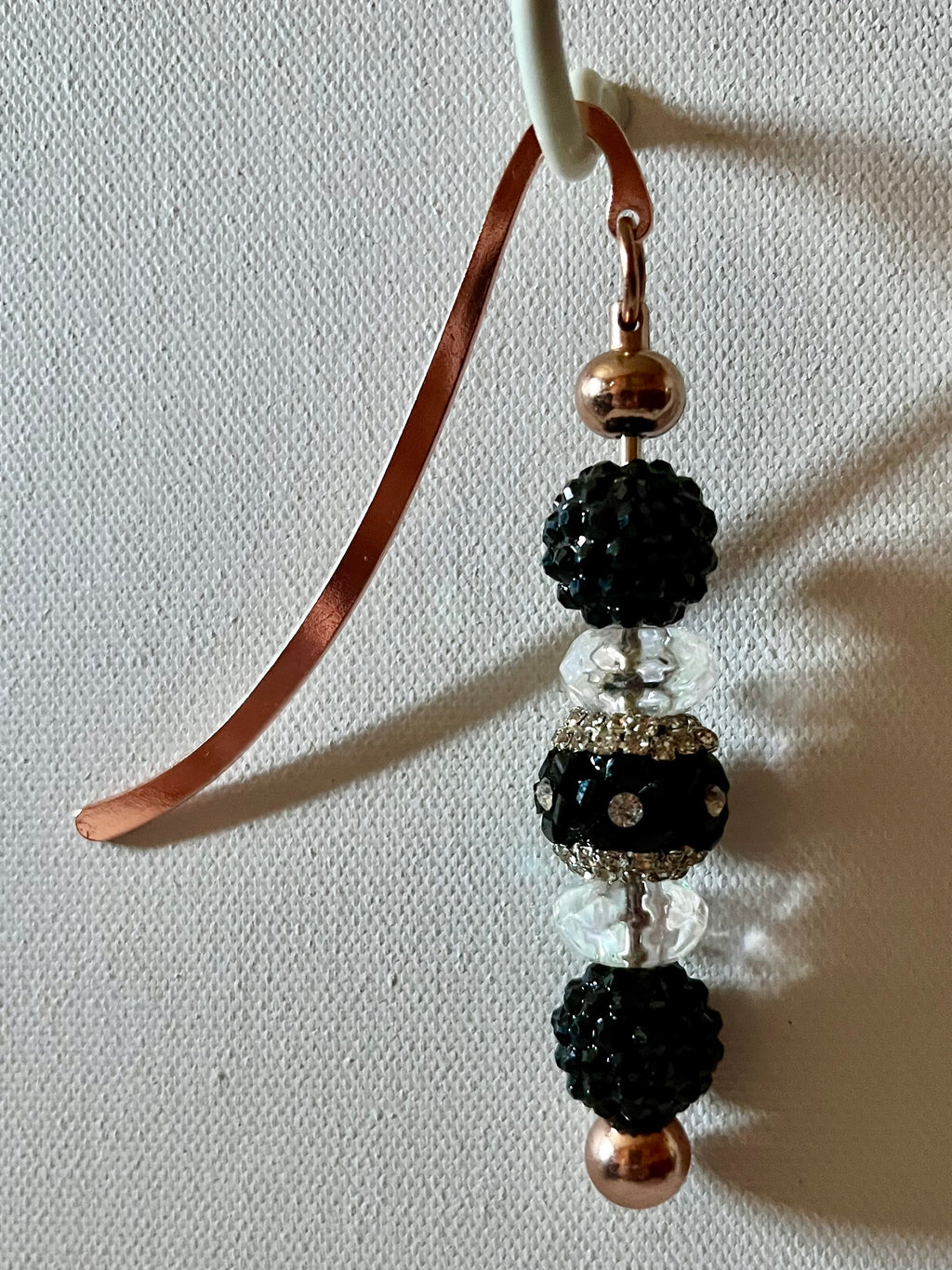 Rose Gold Bookmark w/Sparkly Black Pave beads; Black, Clear & Rhinestone Accents