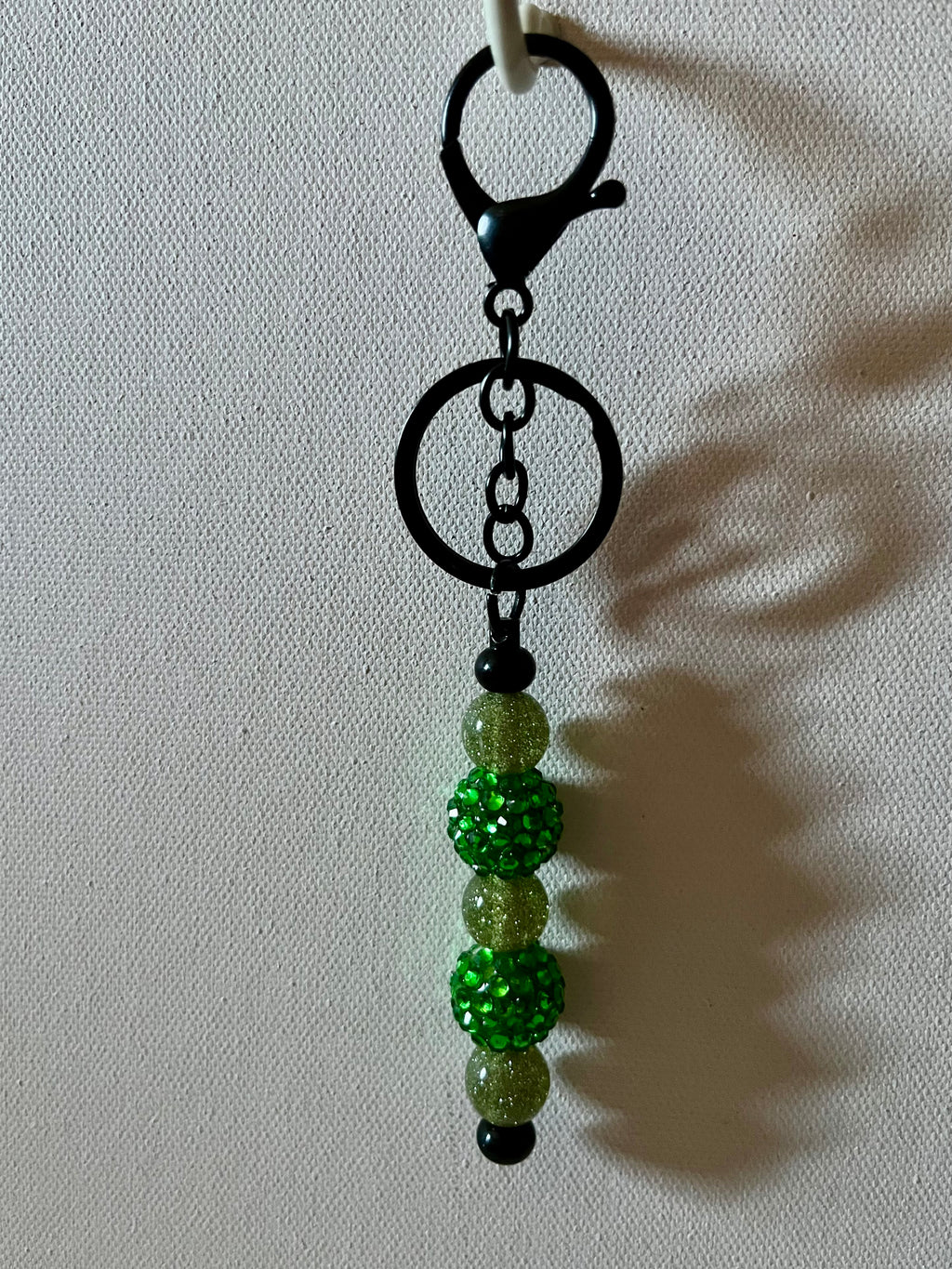 Black Beaded Keychain w/Bright Green Pavé Beads & Lighter Green Glittery Beads