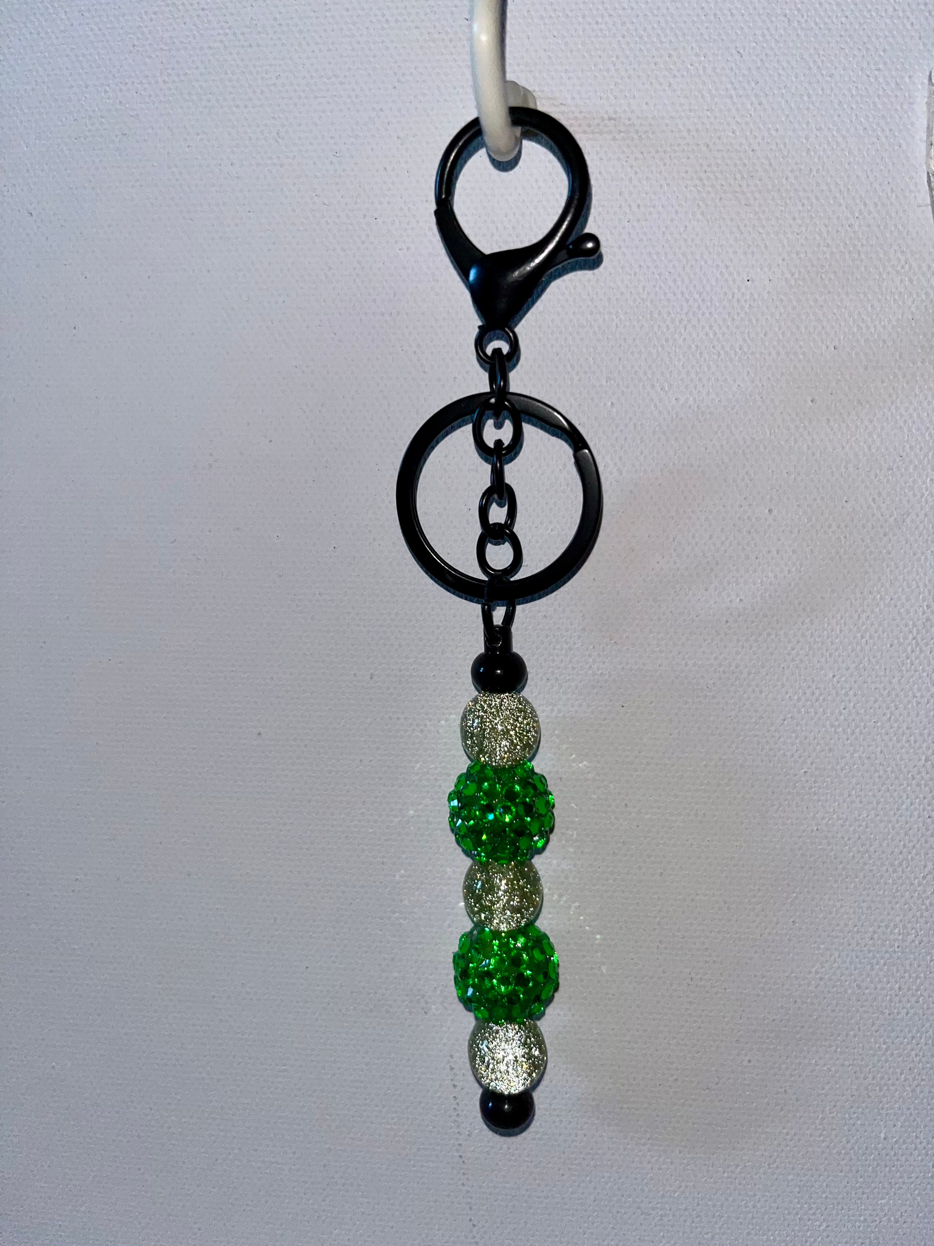 Black Beaded Keychain w/Bright Green Pavé Beads & Lighter Green Glittery Beads