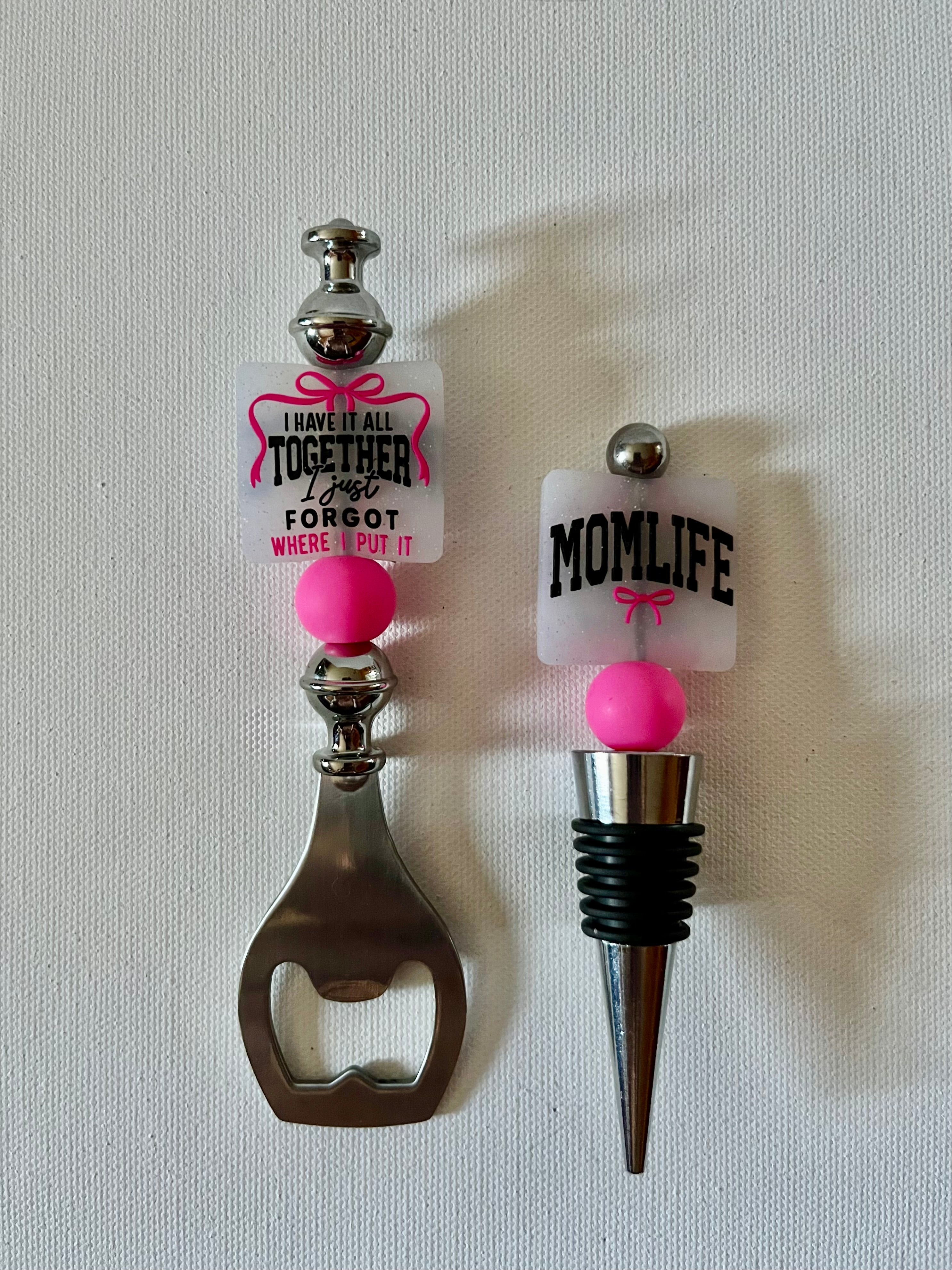 ‘Mom Life’ Bottle Opener & Wine Stopper Set w/Glitter, Bows & Hot Pink Accents