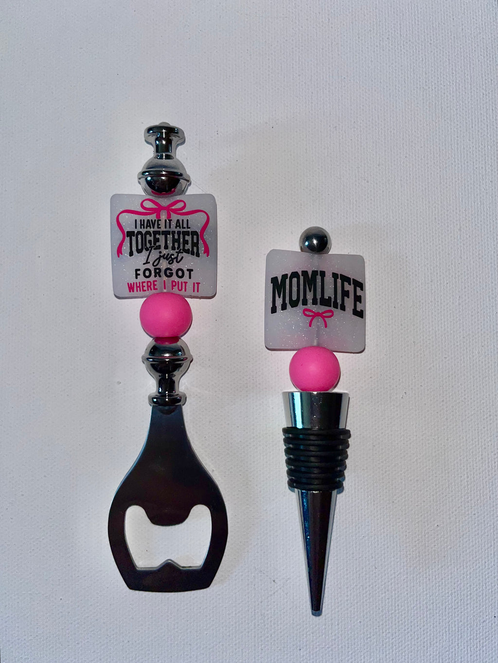 ‘Mom Life’ Bottle Opener & Wine Stopper Set w/Glitter, Bows & Hot Pink Accents