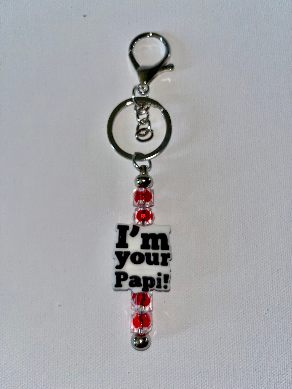 Father’s Day Silver Keychain with Red Bead Accents & "I'm Your Papi!" Charm