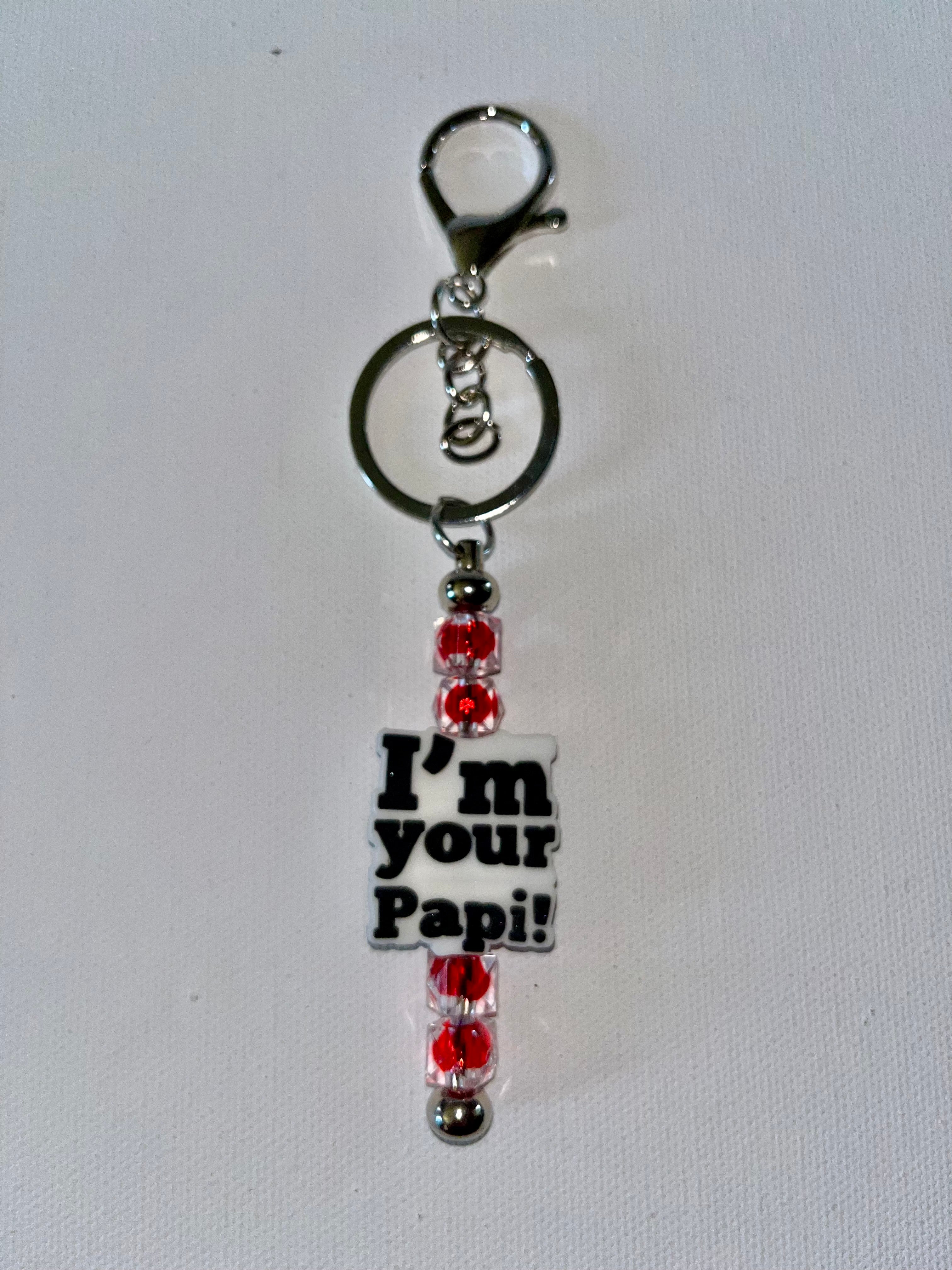 Father’s Day Silver Keychain with Red Bead Accents & "I'm Your Papi!" Charm