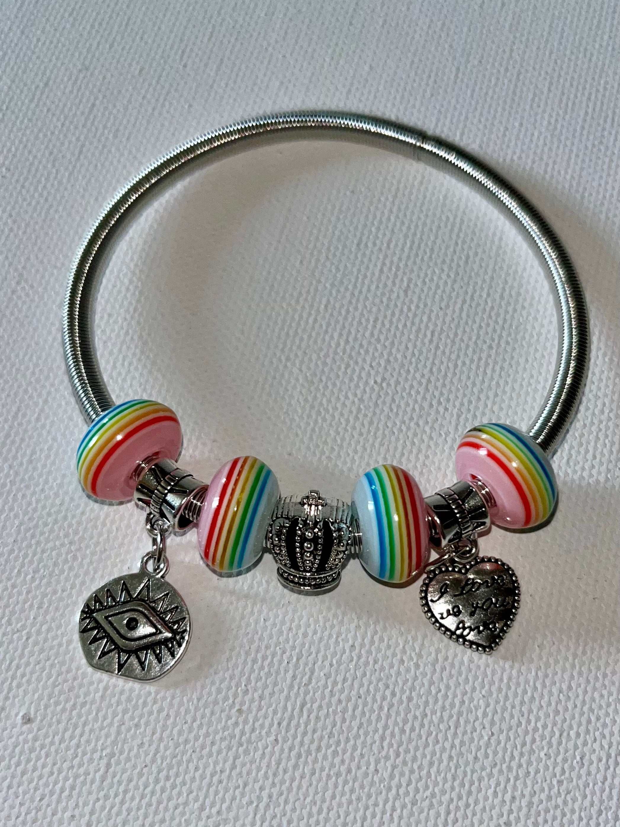 Silver Bracelet with Rainbow Glass Beads and Charms