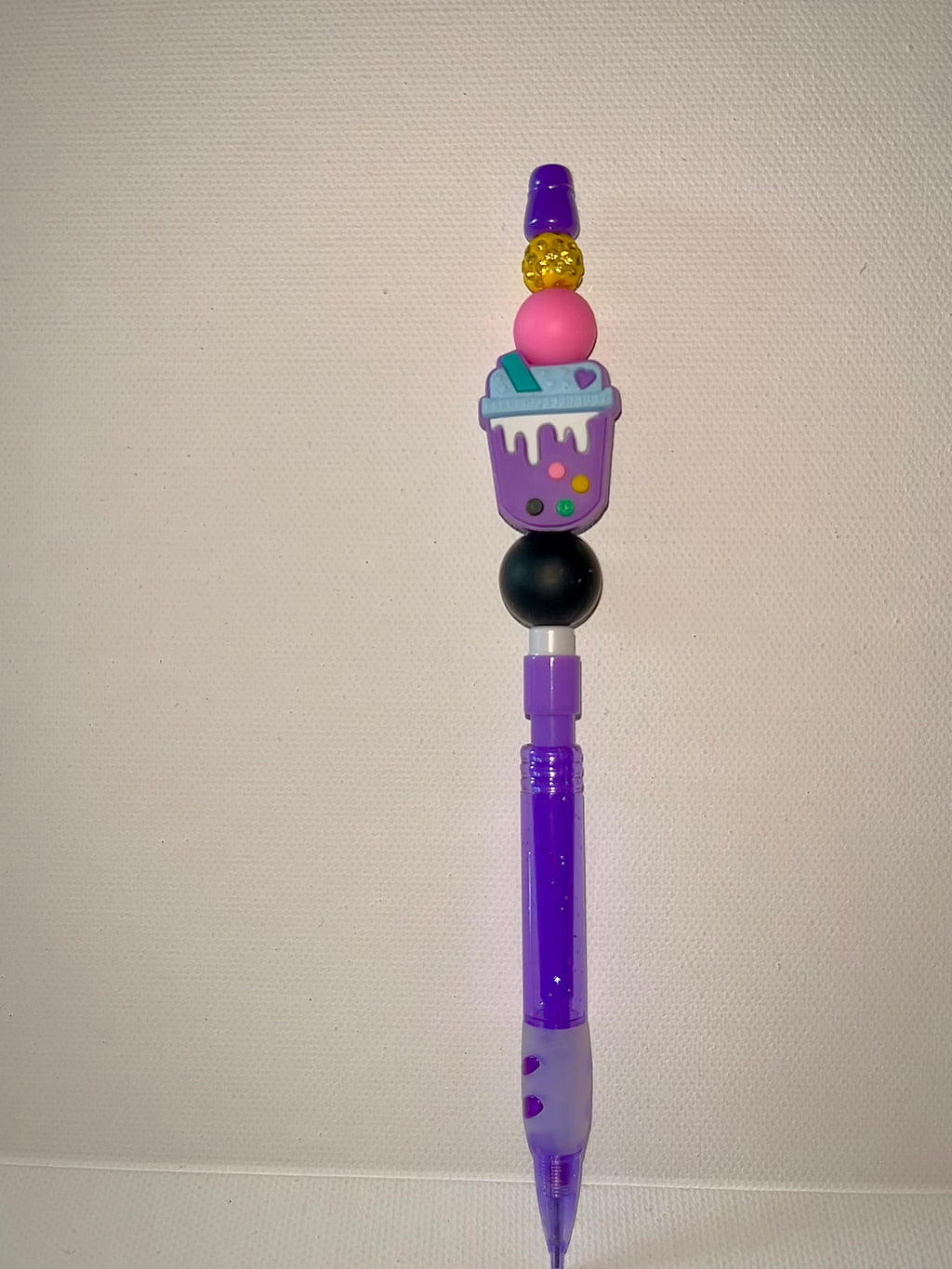 Purple Novelty Mechanical Pencil w/Bubble Tea Topper & Gold Rhinestone Accents