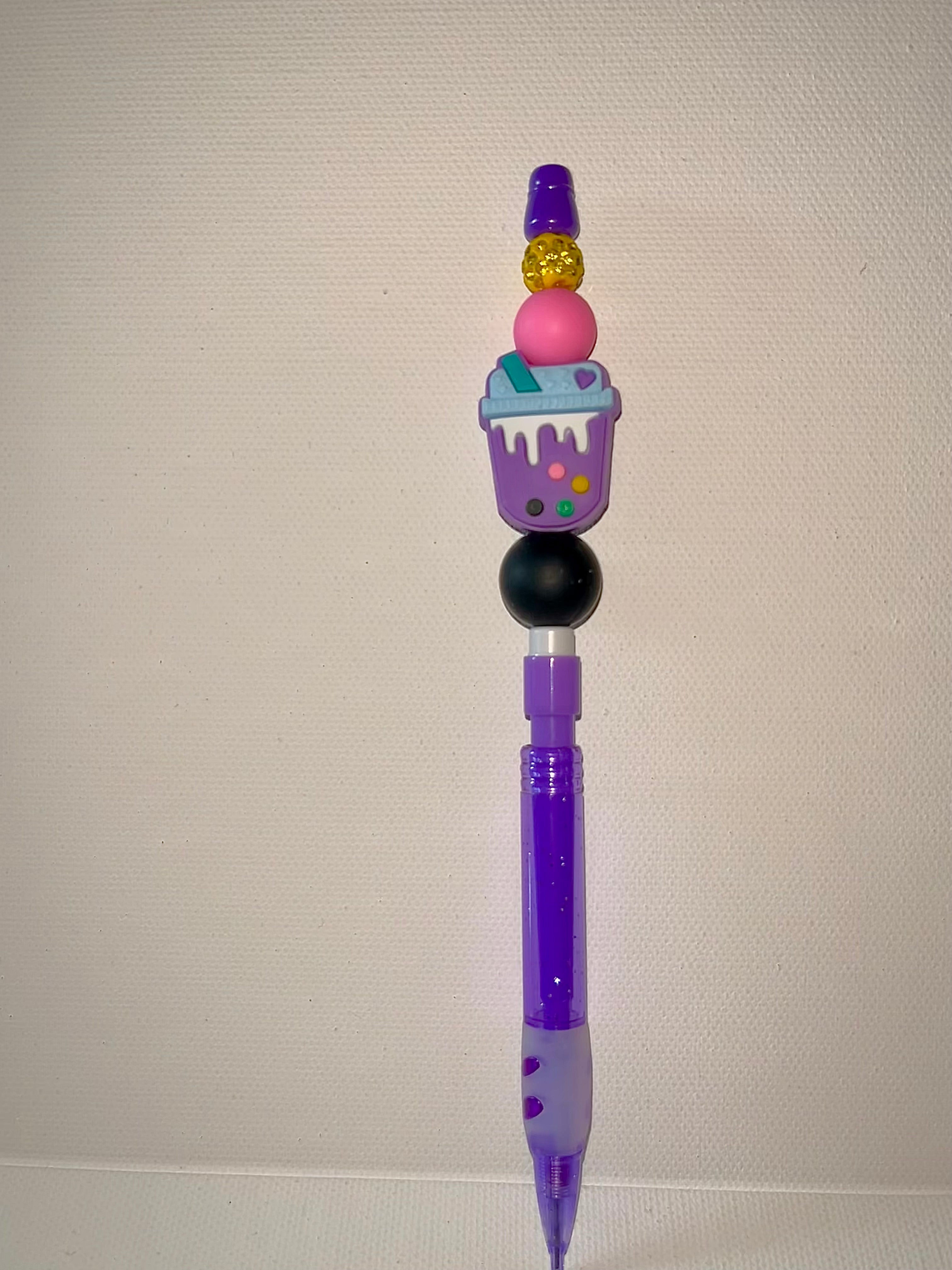 Purple Novelty Mechanical Pencil w/Bubble Tea Topper & Gold Rhinestone Accents