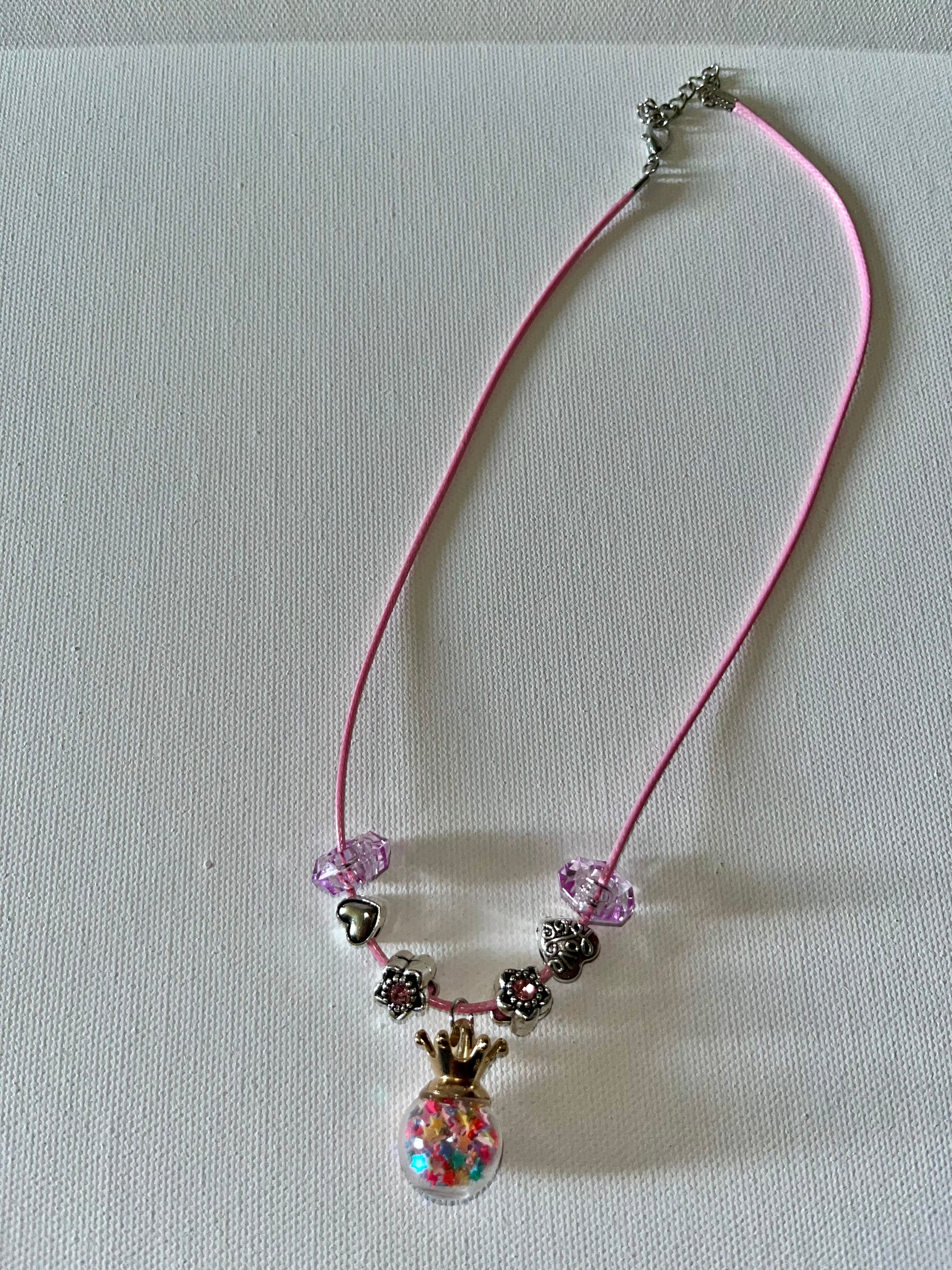 Pink Cord Beaded Drop Necklace w/Crown, Heart & Flower Charms w/Pink Glass Beads