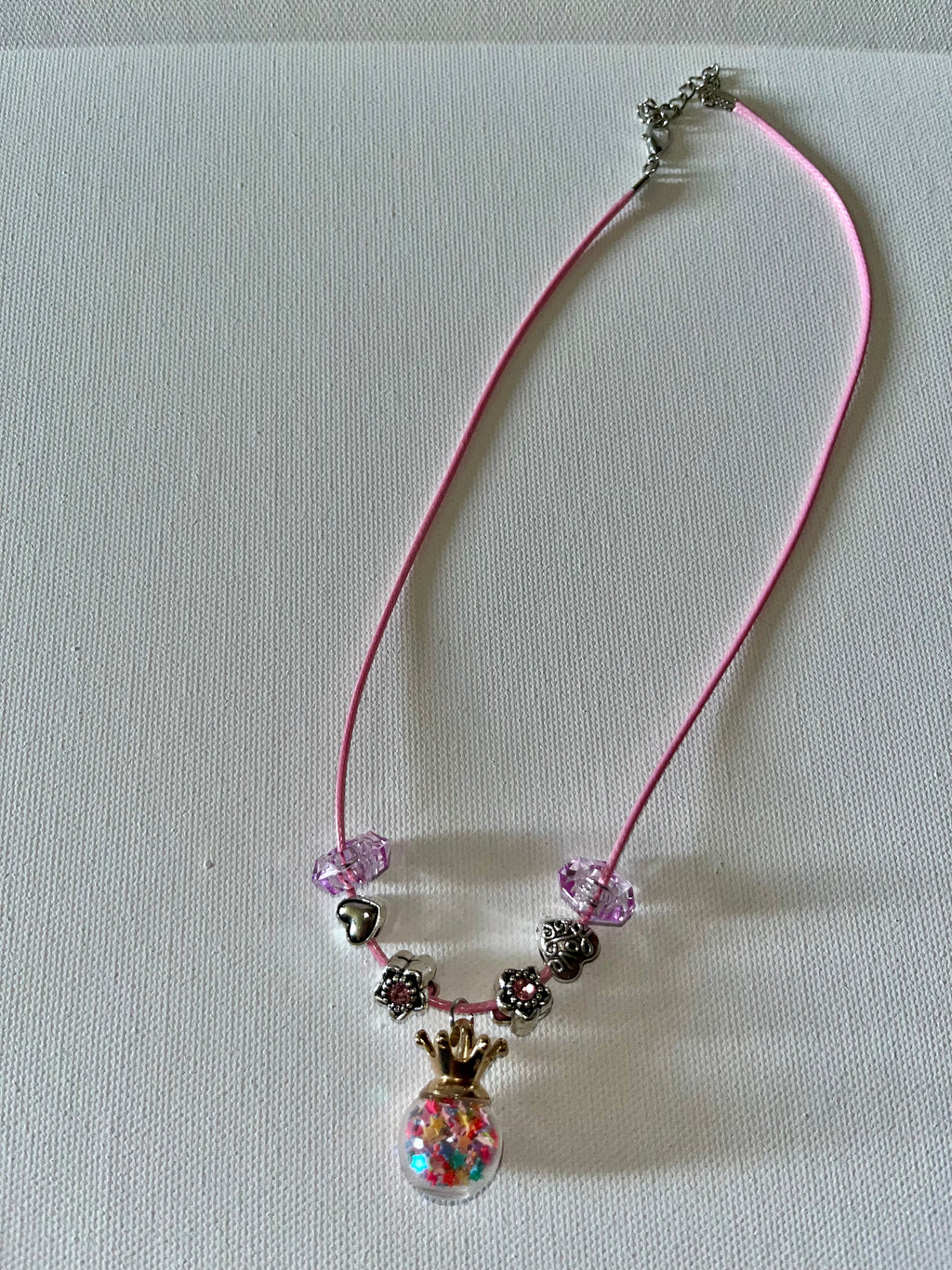 Pink Crown Pendant Beaded Necklace w/Hearts, Flowers Charms w/Rhinestone Accents