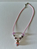 Pink Crown Pendant Beaded Necklace w/Hearts, Flowers Charms w/Rhinestone Accents