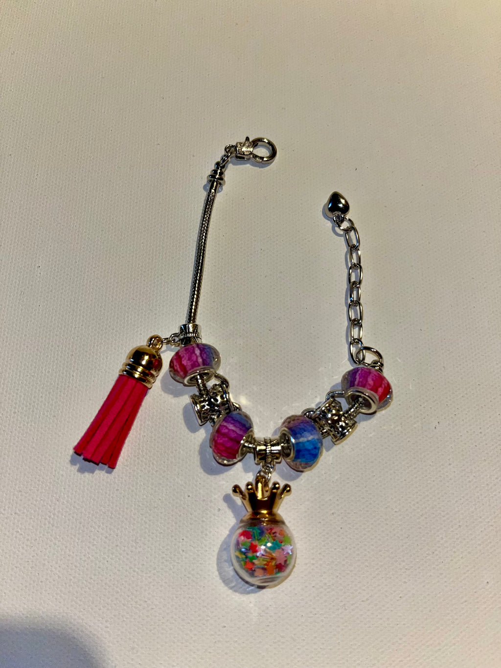Silver Snake Chain Bracelet w/Crown & Drink Charms, Multicolored Beads & Tassel