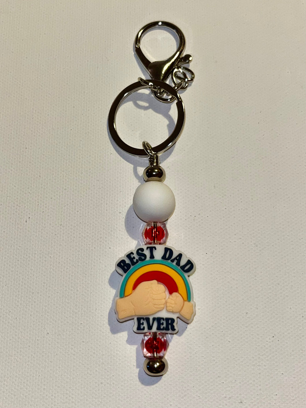 ‘Best Dad Ever’ Fist Pump Keychain w/Multicolor Accent White & Faceted Red Beads