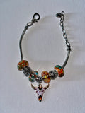 Silver Snake Chain Charm Bracelet w/Orange &amp; Turquoise Glass Beads &amp; Steer Charm