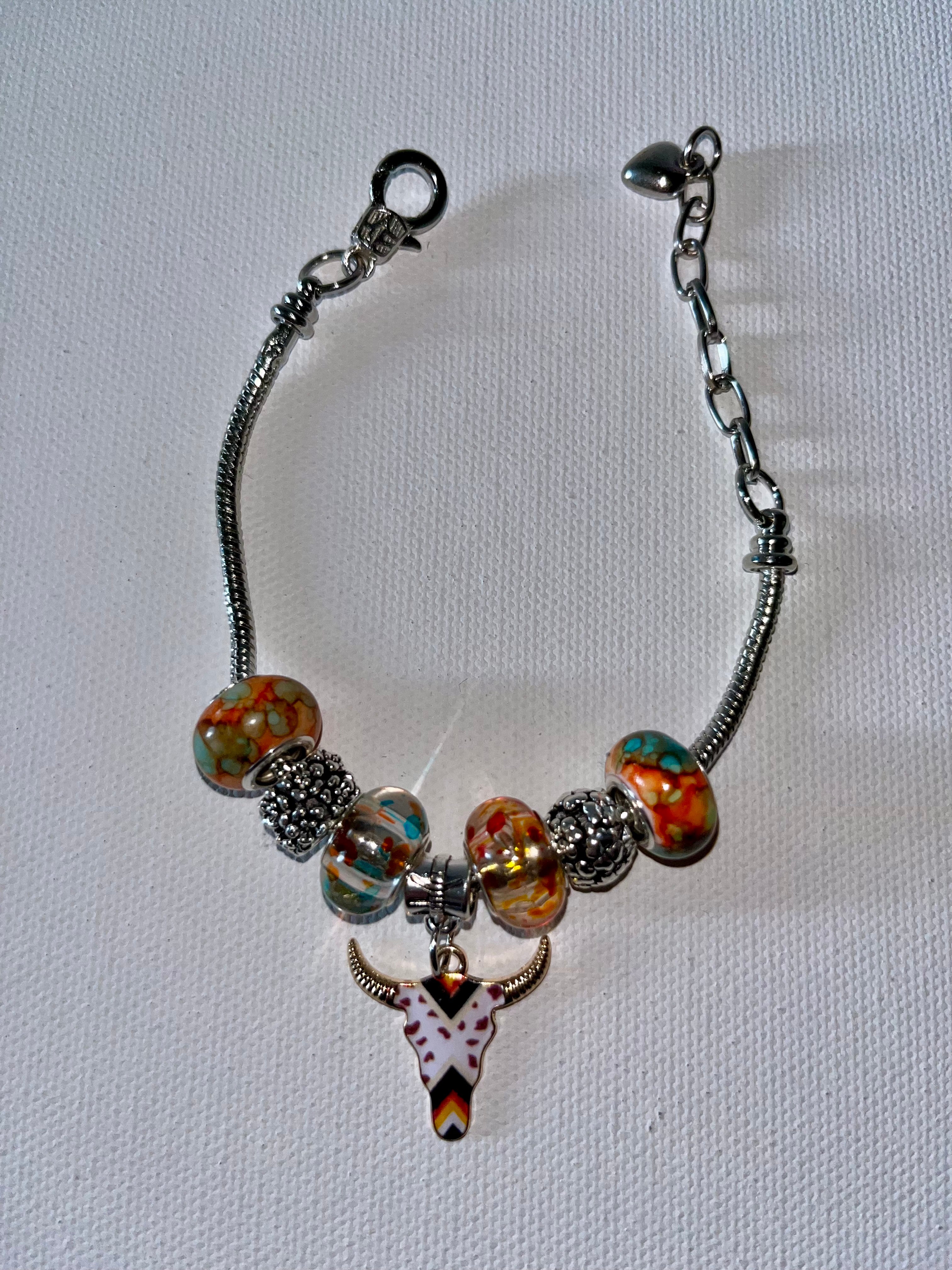 Silver Snake Chain Charm Bracelet w/Orange &amp; Turquoise Glass Beads &amp; Steer Charm