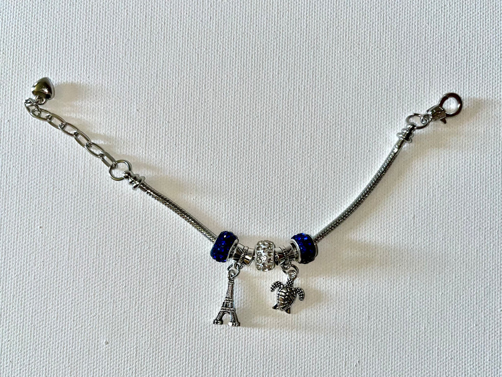 Silver Snake Chain Charm Bracelet w/Blue & Rhinestone Accents & 2 Silver Charms