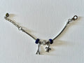 Silver Snake Chain Charm Bracelet w/Blue & Rhinestone Accents & 2 Silver Charms