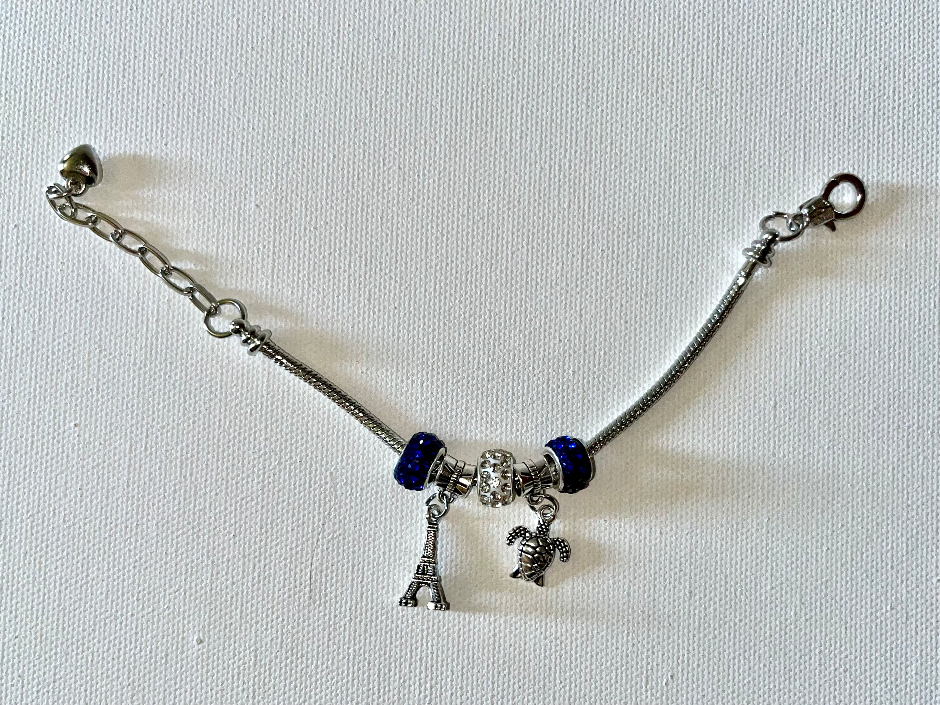 Silver Snake Chain Charm Bracelet w/Blue & Rhinestone Accents & 2 Silver Charms