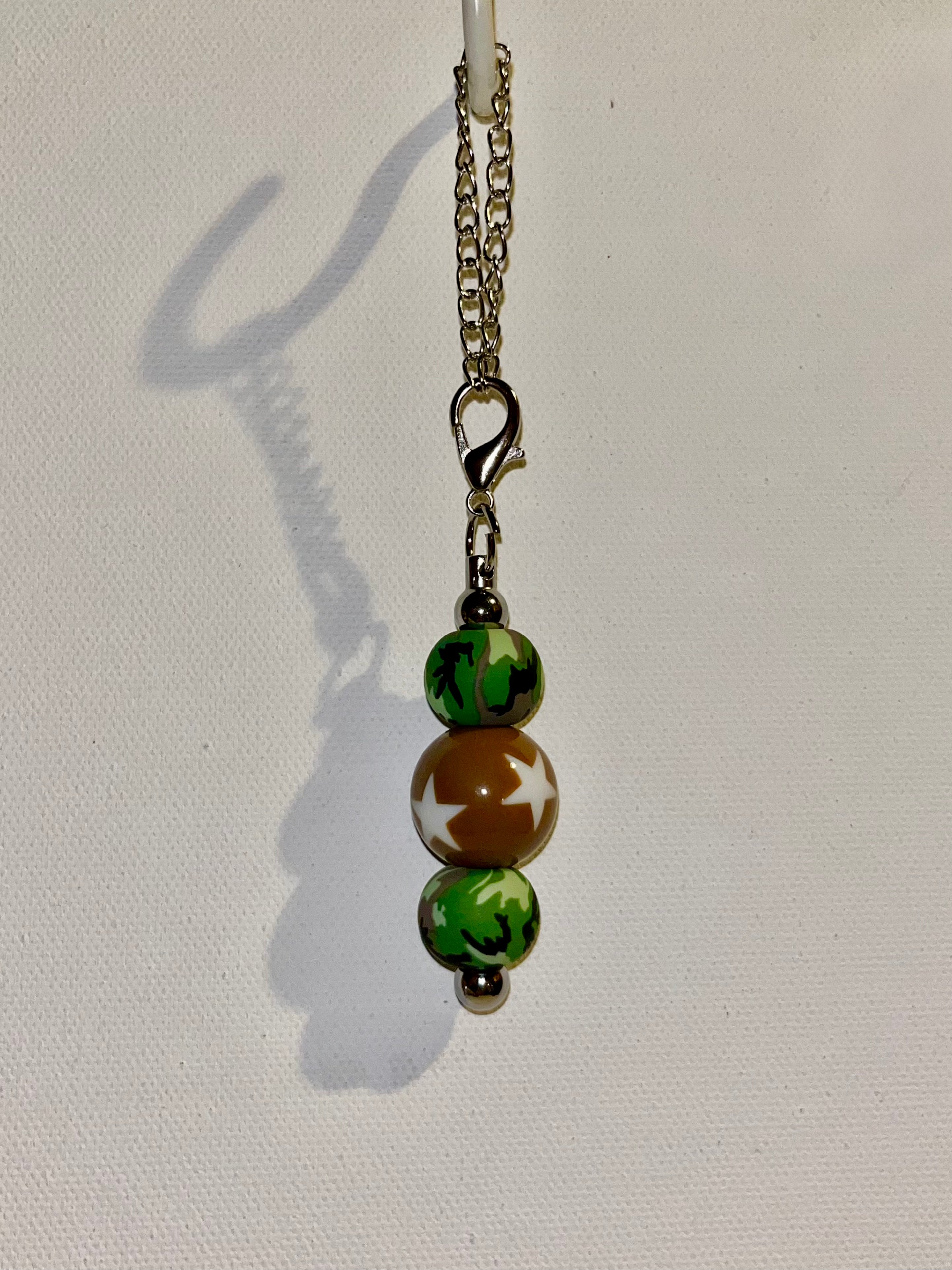 Silver-tone Cup Charm w/Green & Brown Star & Camouflage-Accented Beads