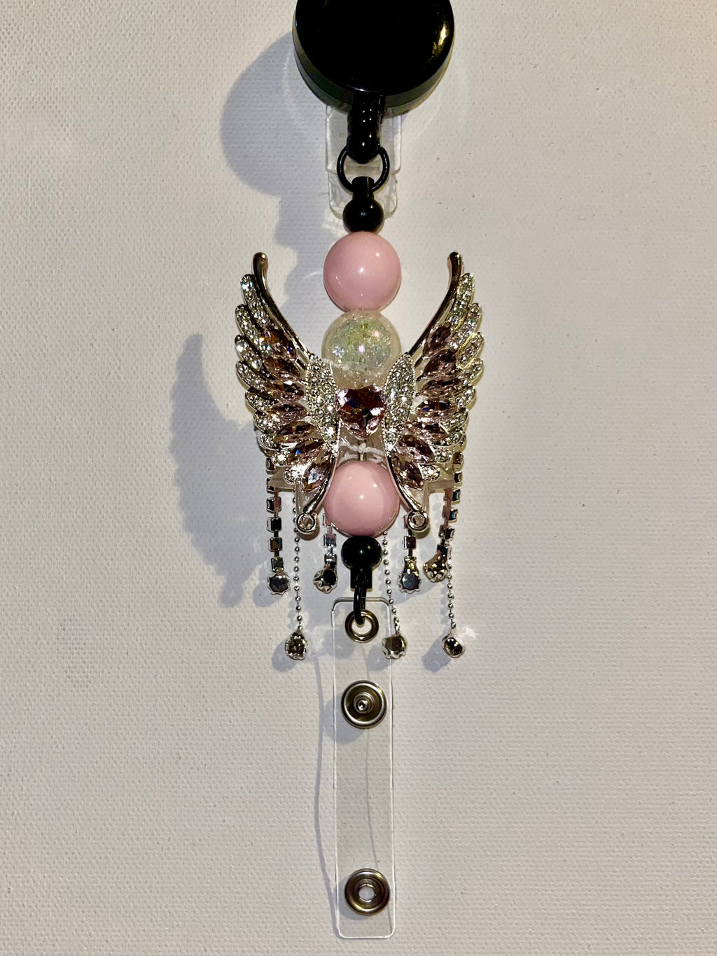 Pink Angel Wing Badge Reel w/Lt. Pink & Iridescent Cracked Bead & Crystal Accent