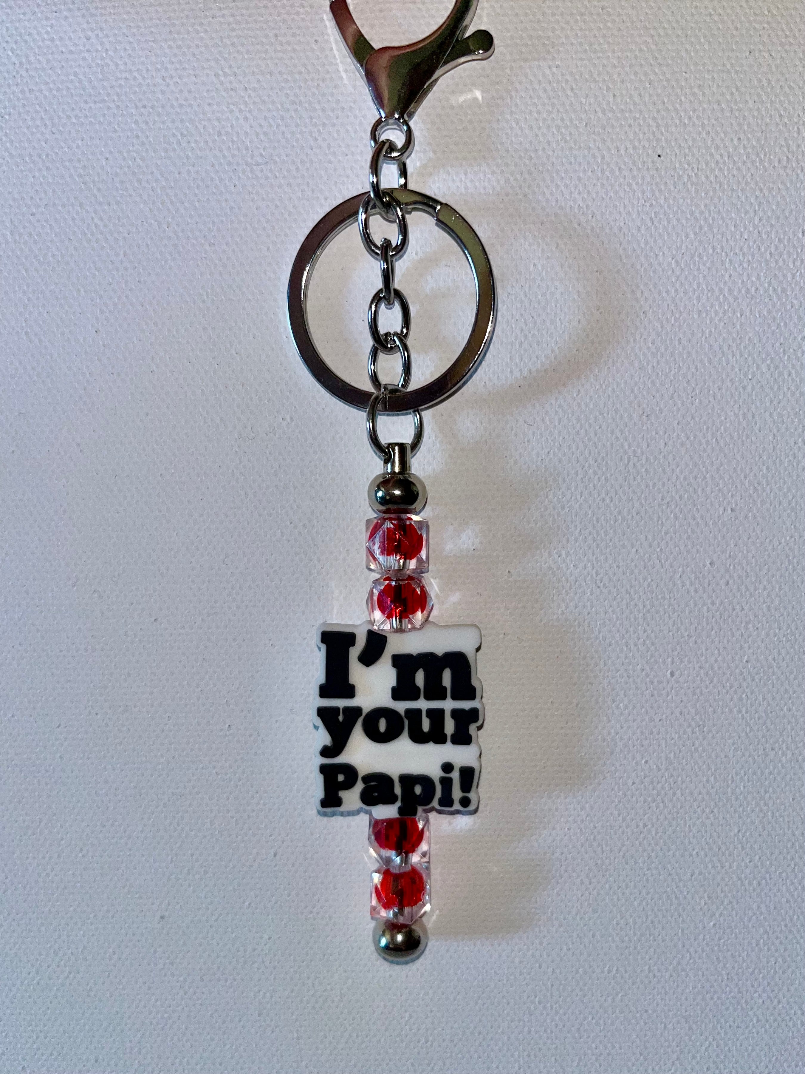 Father’s Day Silver Keychain with Red Bead Accents & "I'm Your Papi!" Charm