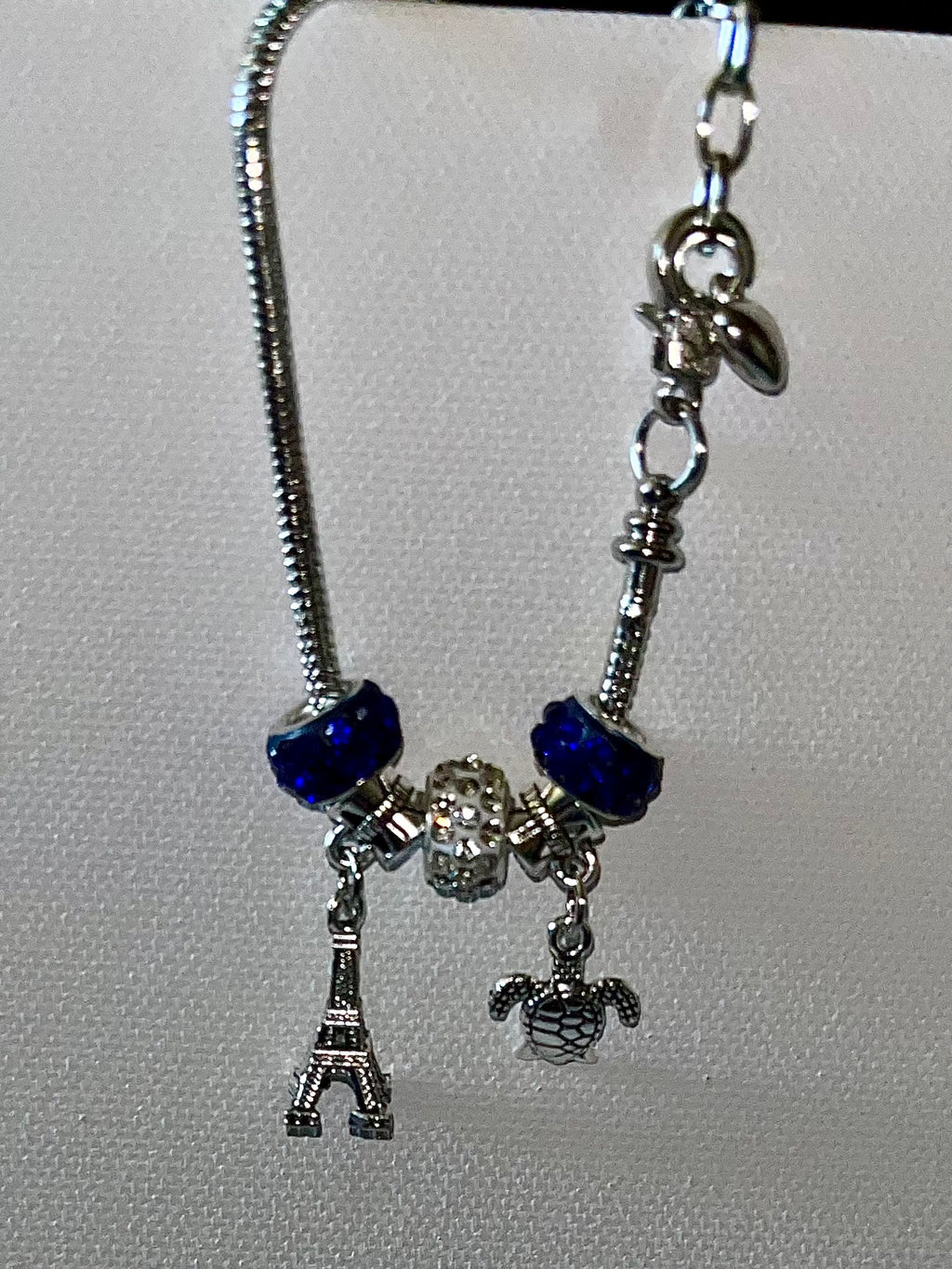 Silver Snake Chain Charm Bracelet w/Blue & Rhinestone Accents & 2 Silver Charms
