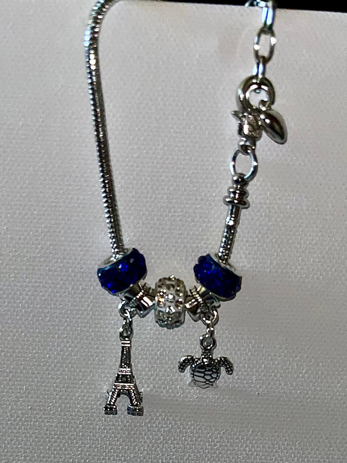 Silver Snake Chain Charm Bracelet w/Blue & Rhinestone Accents & 2 Silver Charms