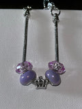 Silver Snake Chain Charm Bracelet w/Purple Glass Beads & Crown Charm
