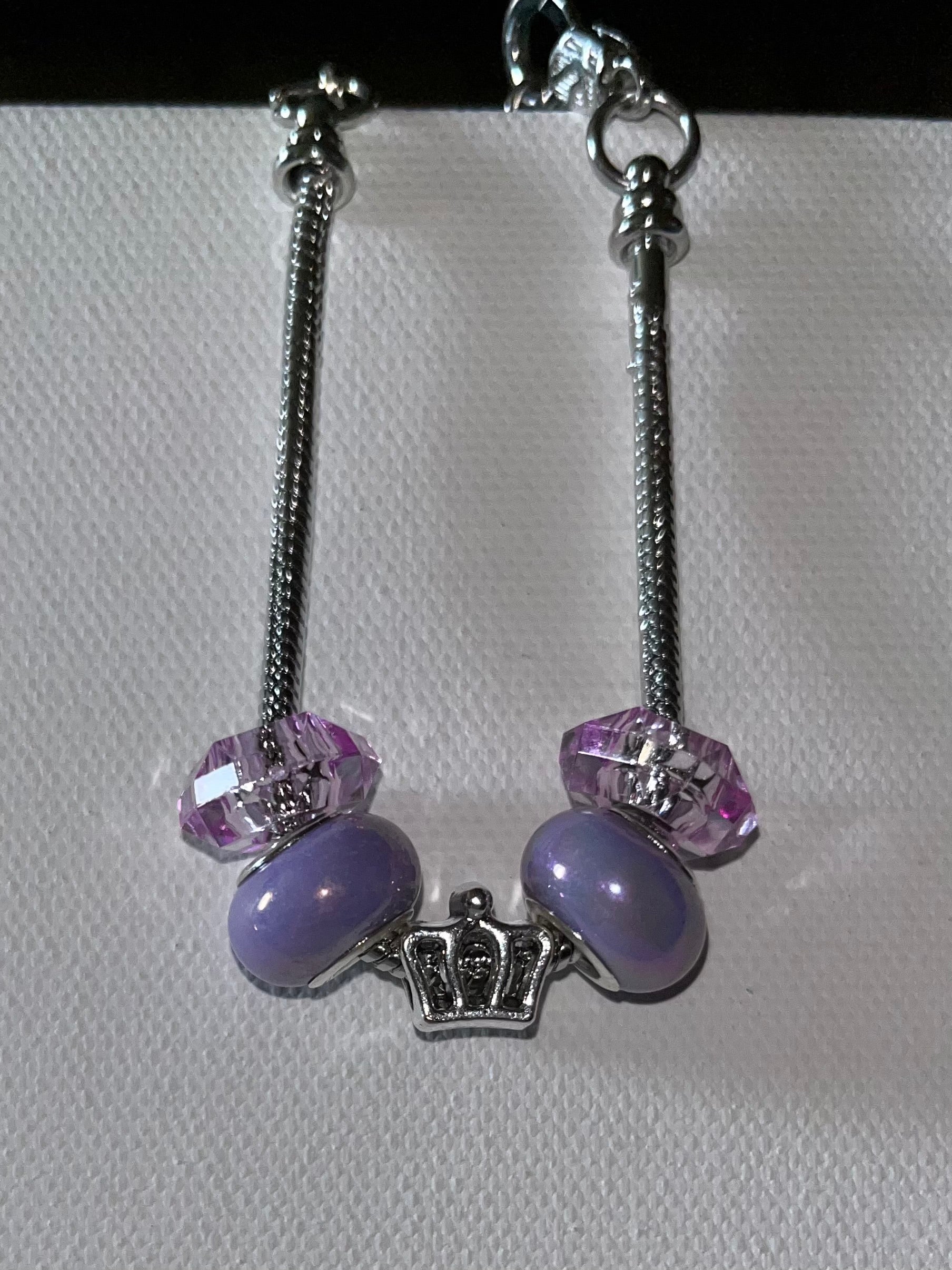 Silver Snake Chain Charm Bracelet w/Purple Glass Beads & Crown Charm