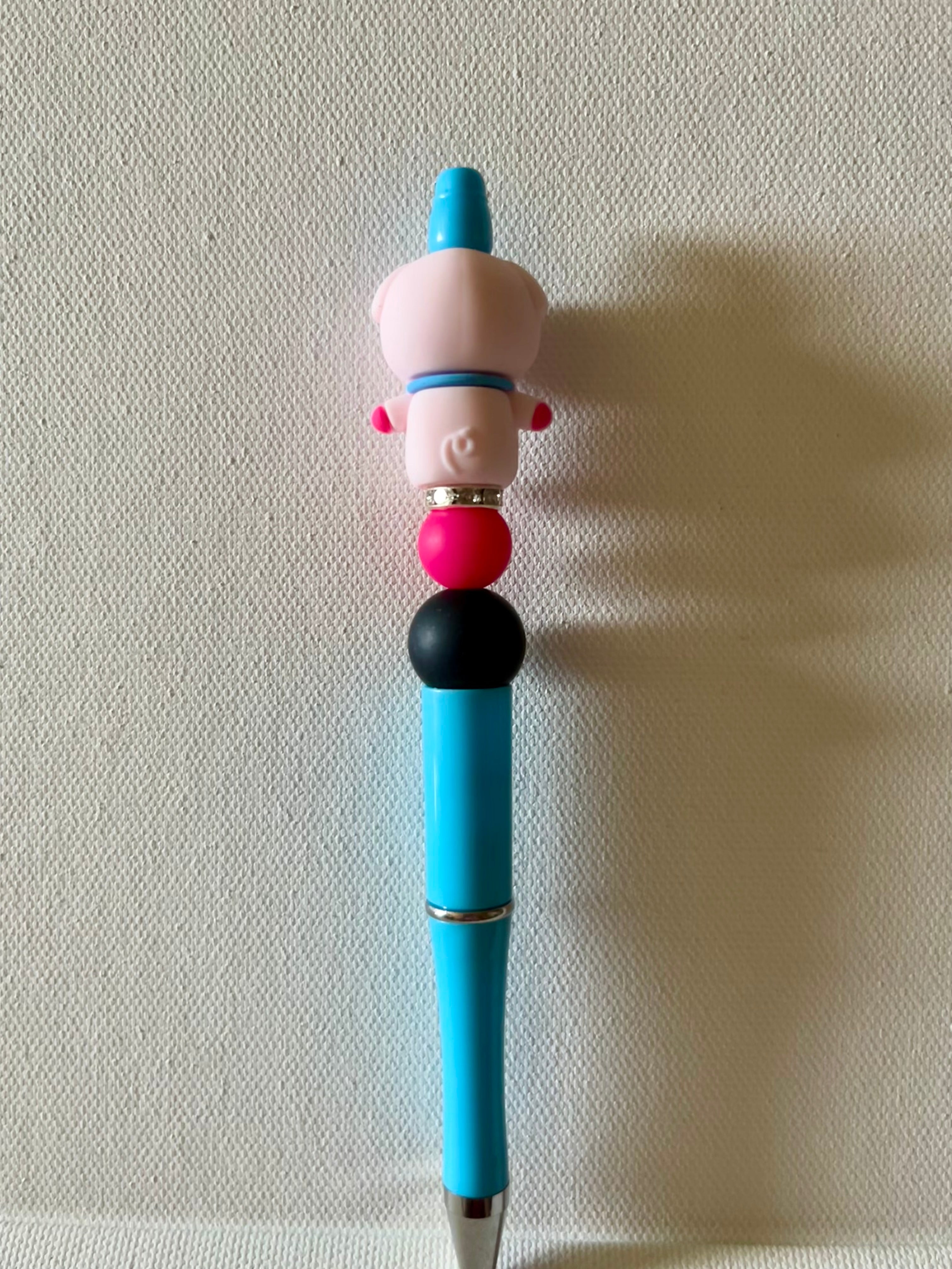 Cute Pig Topped Ballpoint Pen w/Black, Pink and Rhinestone Accents