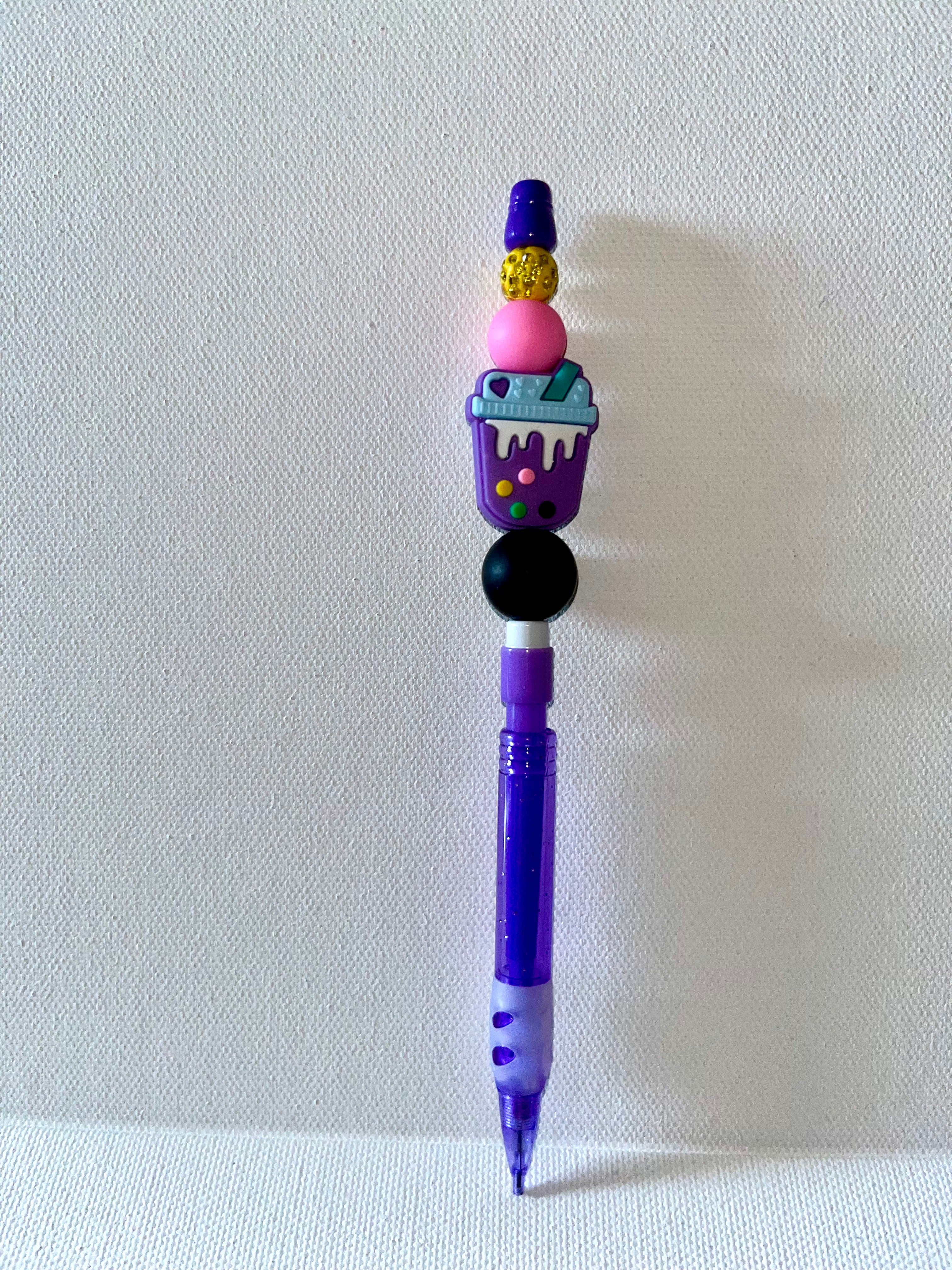 Purple Novelty Mechanical Pencil w/Bubble Tea Topper & Gold Rhinestone Accents